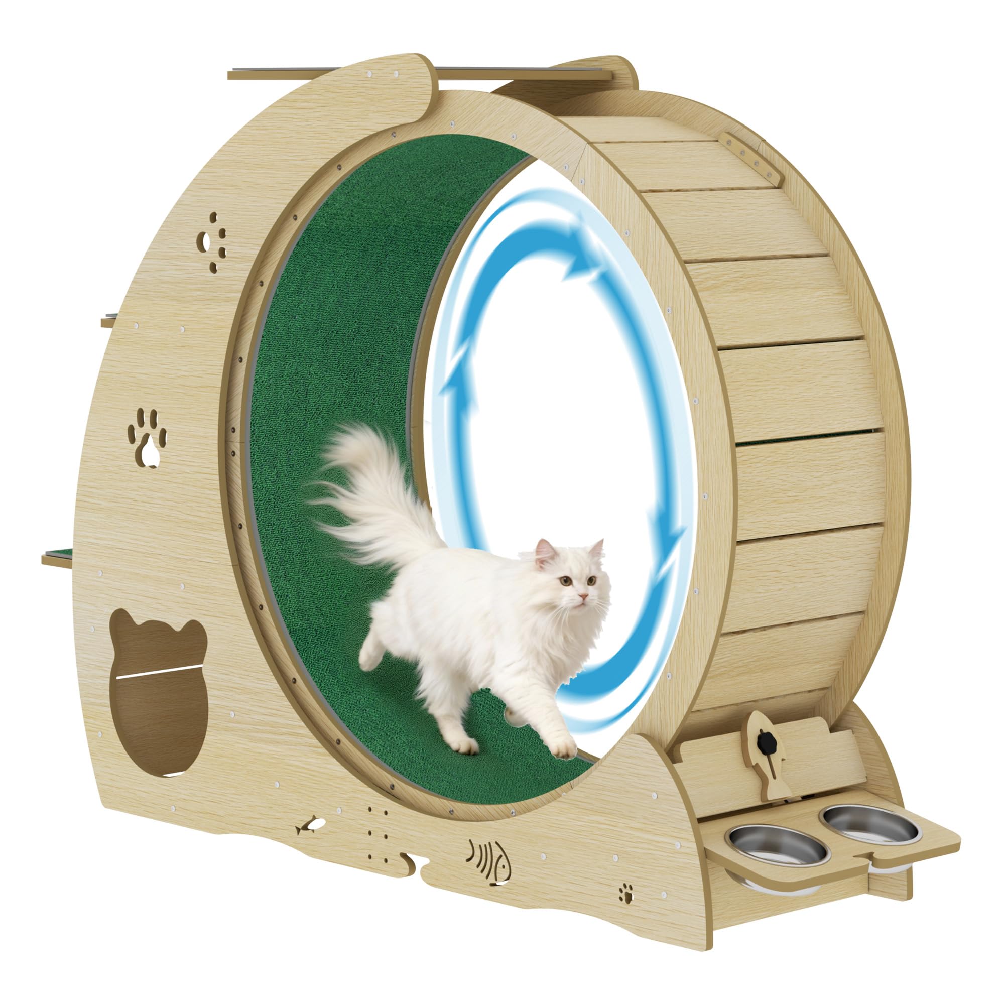 4-in-1-Katzen-Laufrad, großes Katzenlaufband, großes leises Laufrad mit Kratzunterlage und Spielrolle, stabile Holzbasis für Indoor-Katzen