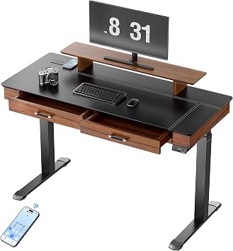 EUREKA ERGONOMIC Adjustable Desk Leather Electric, 55 Inch Height Executive Standing Desk with Drawers, Sit Stand Workstation for Home Office,Monitor Shelf,Wireless Charging Black & Brown