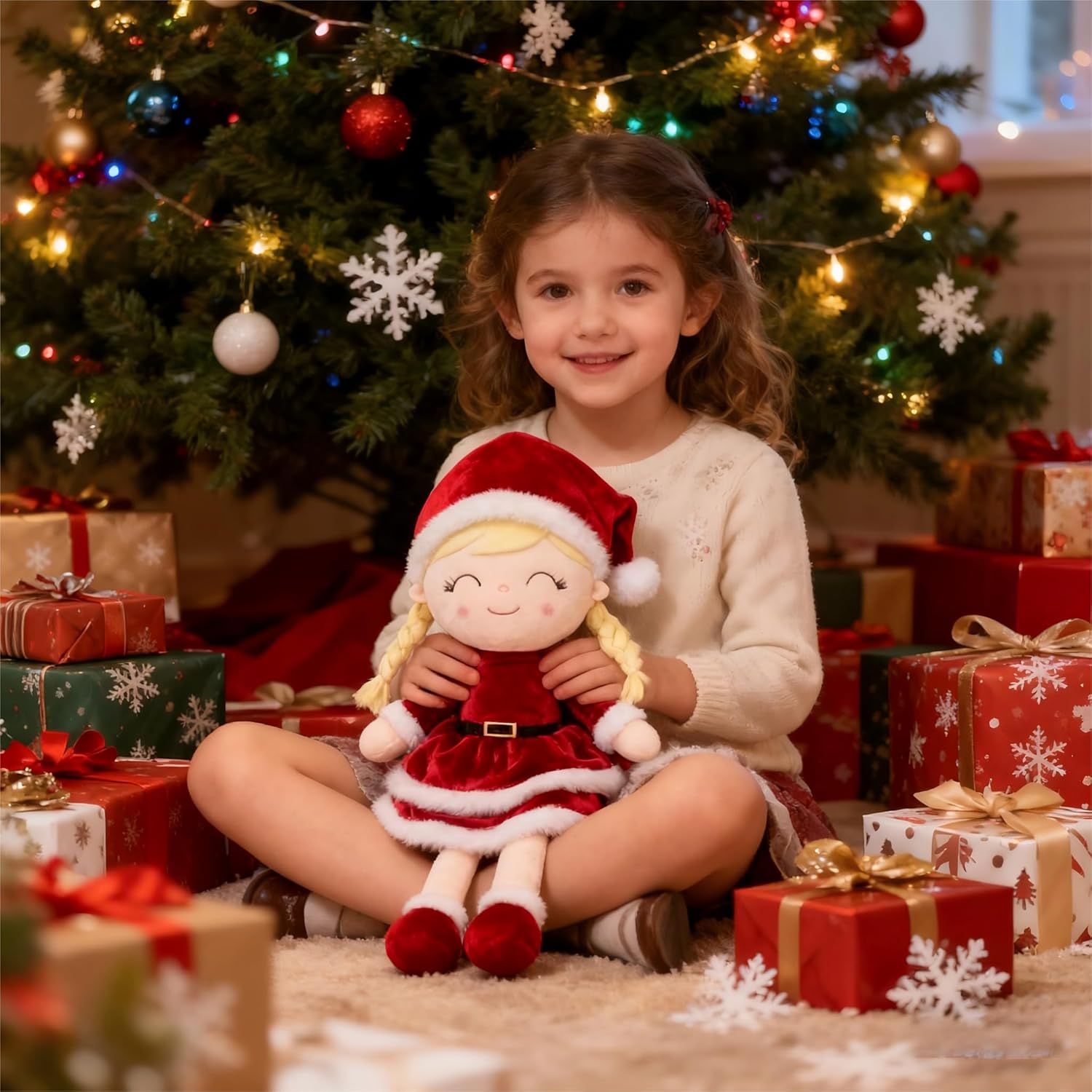 Gloveleya Soft Plush Doll Christmas Girl Dolls with Red Dress, Gift Box & Free Card - Perfect Holiday or Birthday Gift for Toddlers 2-8 Ages