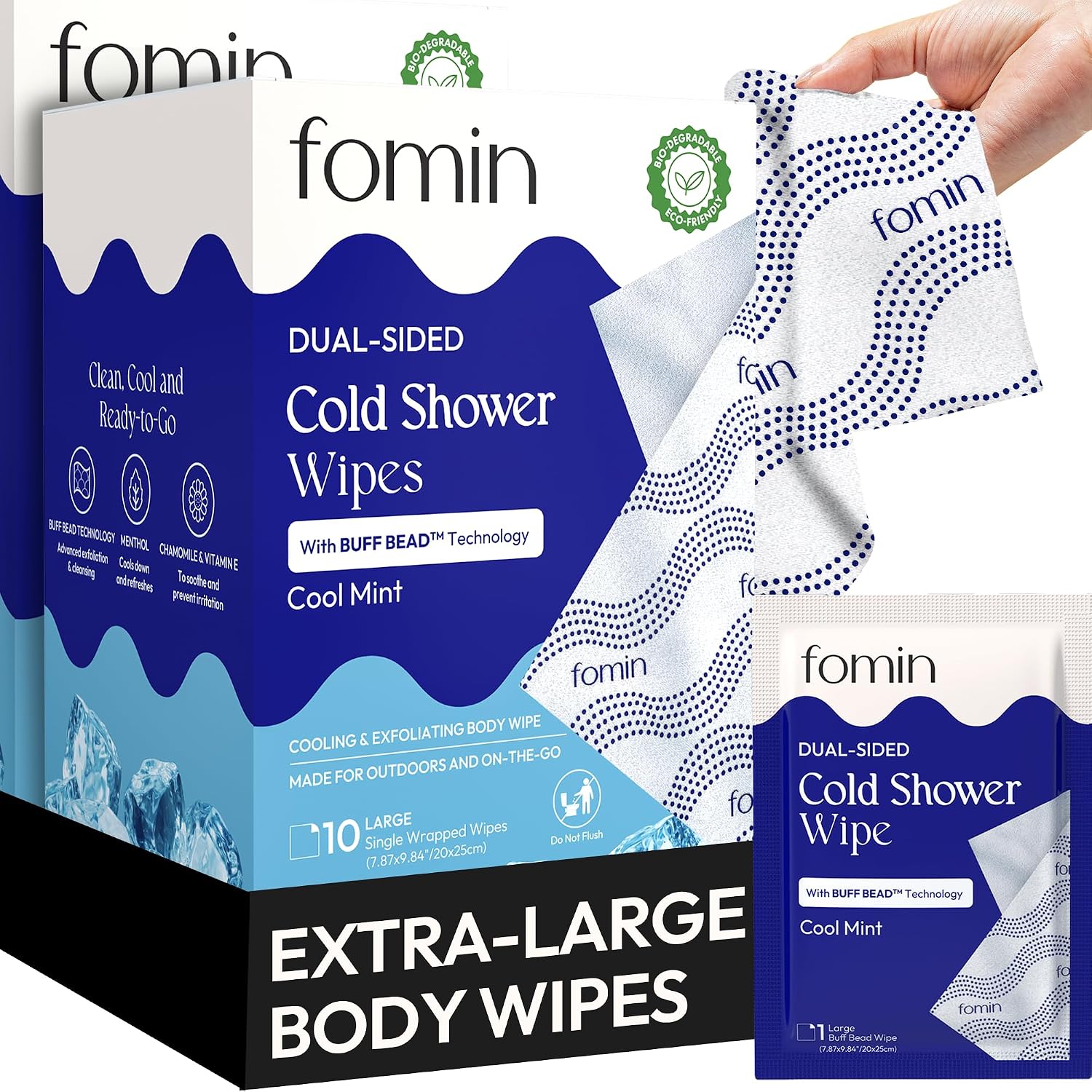FOMIN Travel Cold Shower Wipes - 20 Pack - No Rinse XL Bathing Wipes with Vitamin E - Fragrance-Free Full Body Wipe for Adults - Individually Wrapped Waterless Bath Wipe for Hygiene, Camping, & Gym