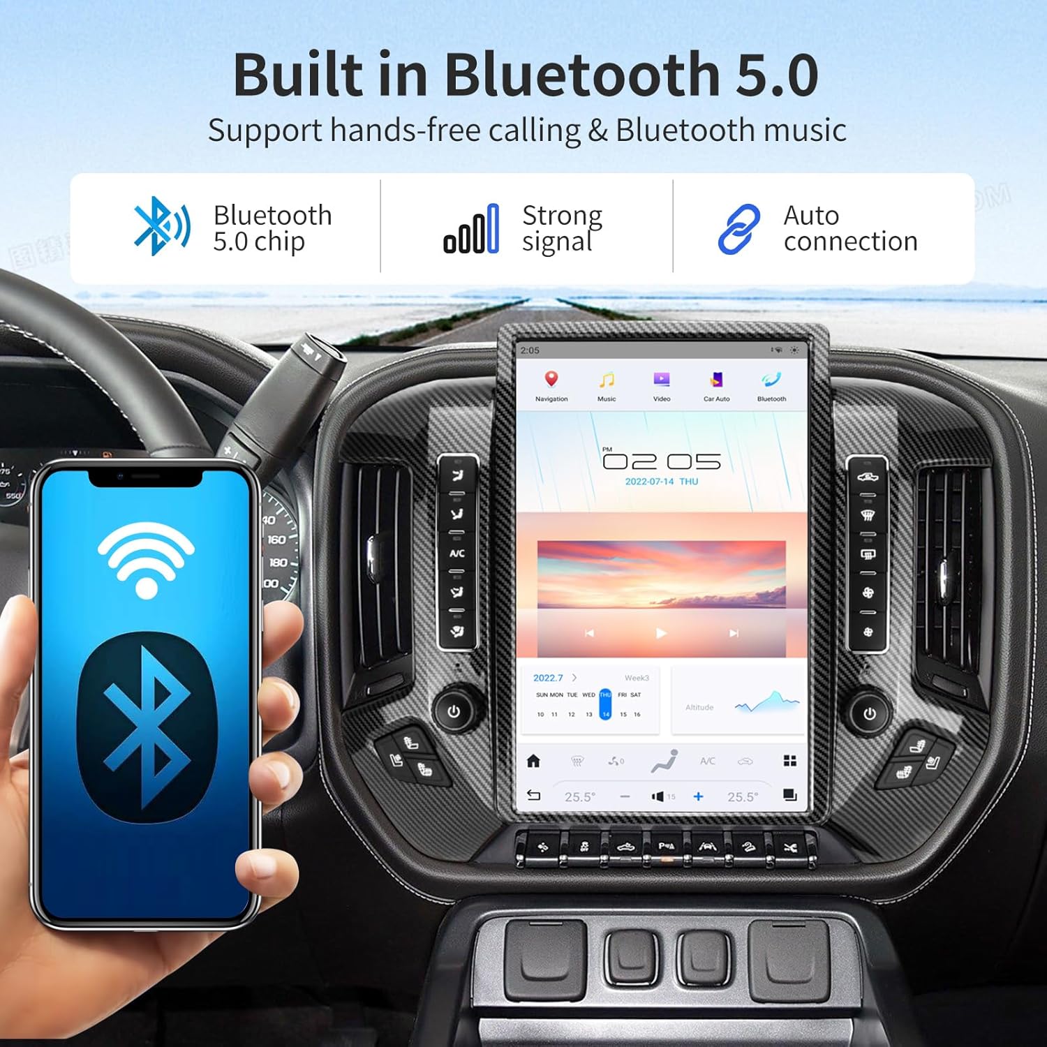 Car Radio for GMC Sierra Chevrolet Silverado 2014-2019 Stereo Radio Replacement Upgraded 8+128G 14.4 Inches 2K Screen Tesla Style Carplay Android Auto GPS Navigation OEM 8 & 4.2 Inch (Carbon Fibre)