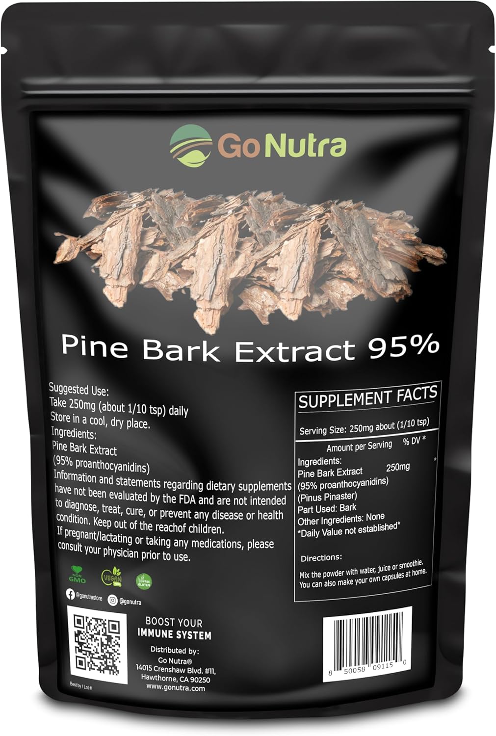 Go Nutra Pine Bark Extract Powder Standardized 95% Proanthocyanidins Pine Bark Powder Potent Supplement 8oz. Pure Non-GMO Vegan