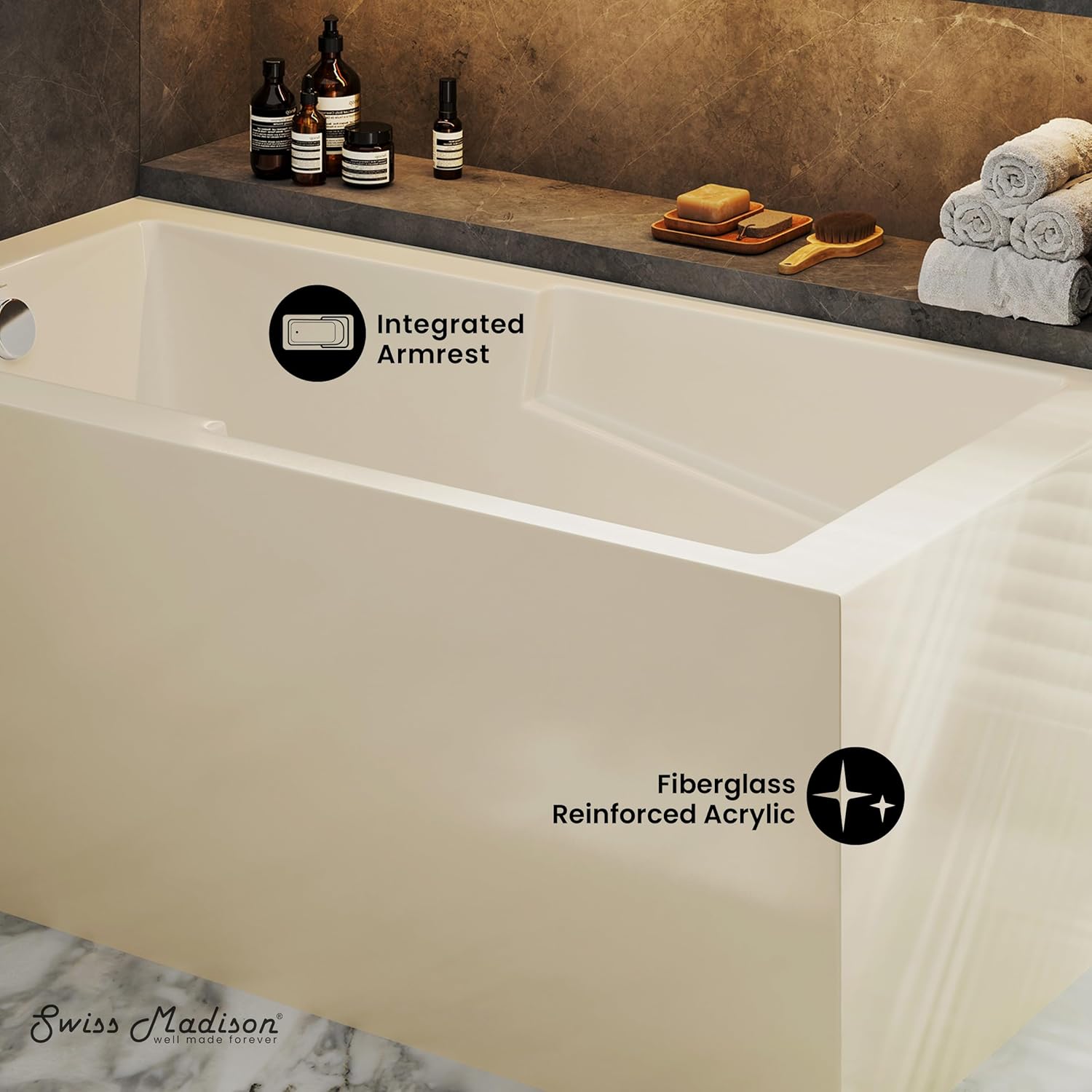 Swiss Madison Claire 60 x 32 Left Drain Soaking Alcove Corner Apron Bathtub in Glossy Bisque