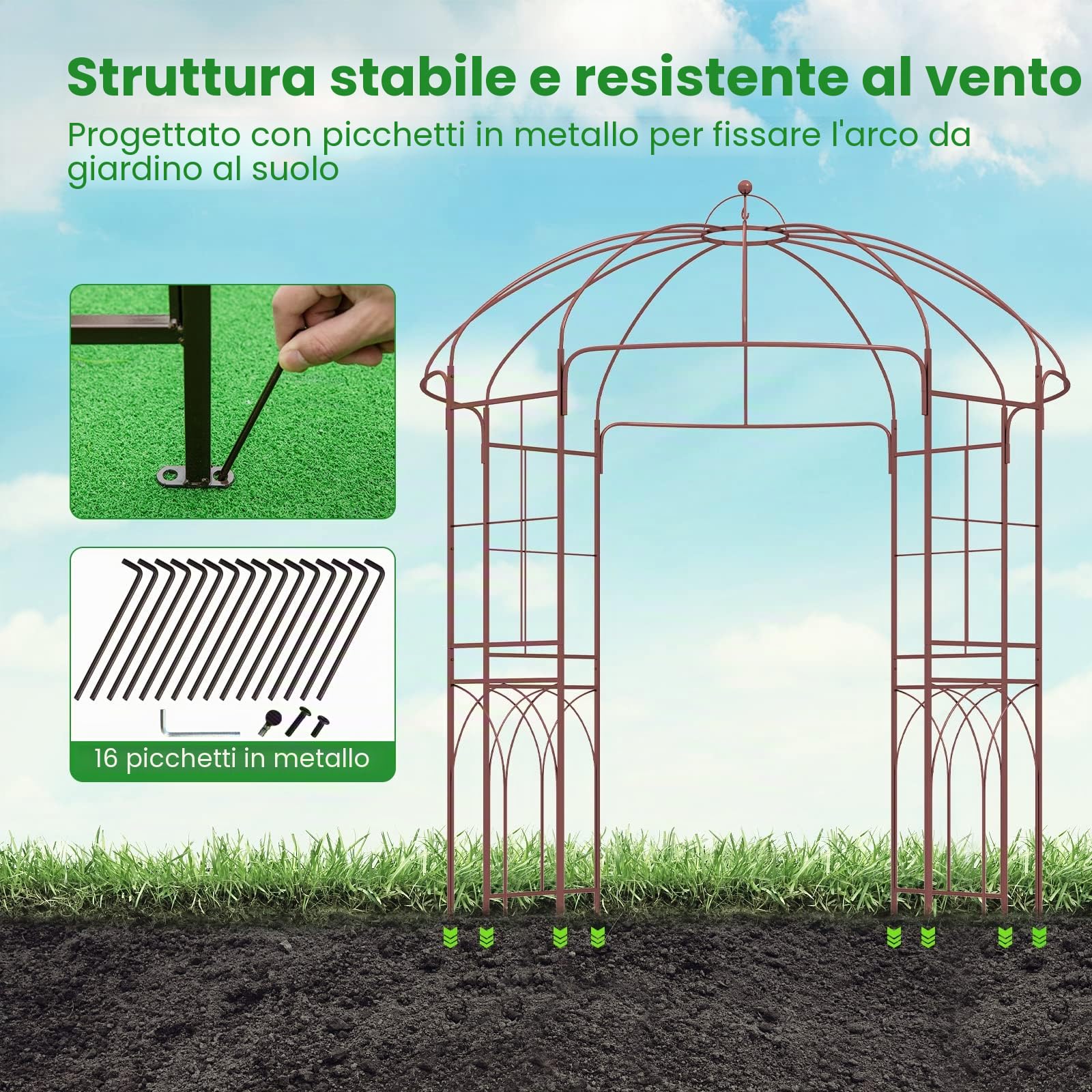 HOMASIS Pavillon per rose in metallo, arco per giardino con ganci e tetto, pergolato per piante rampicanti, pergola da giardino per matrimoni (211x211x256cm, bronzo)