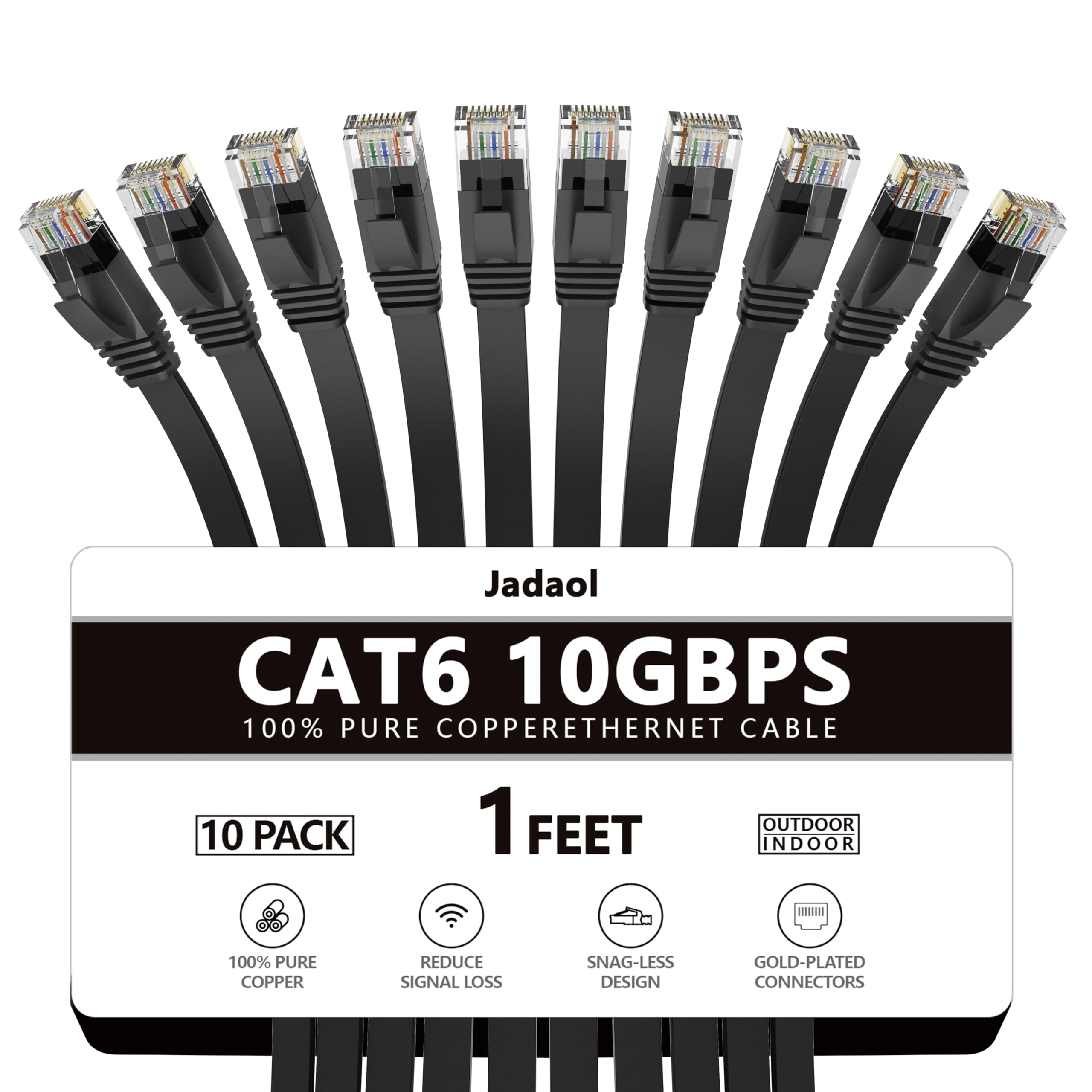 Jadaol Cat 6 Ethernet Cable 1ft 10-Pack, 10Gbps Support Cat8 Cat7 Network, Flat High Speed LAN Internet Patch Cables, Short Ethernet Cables for Router, Modem, Switch, PC, Laptop, Gaming Console, Black