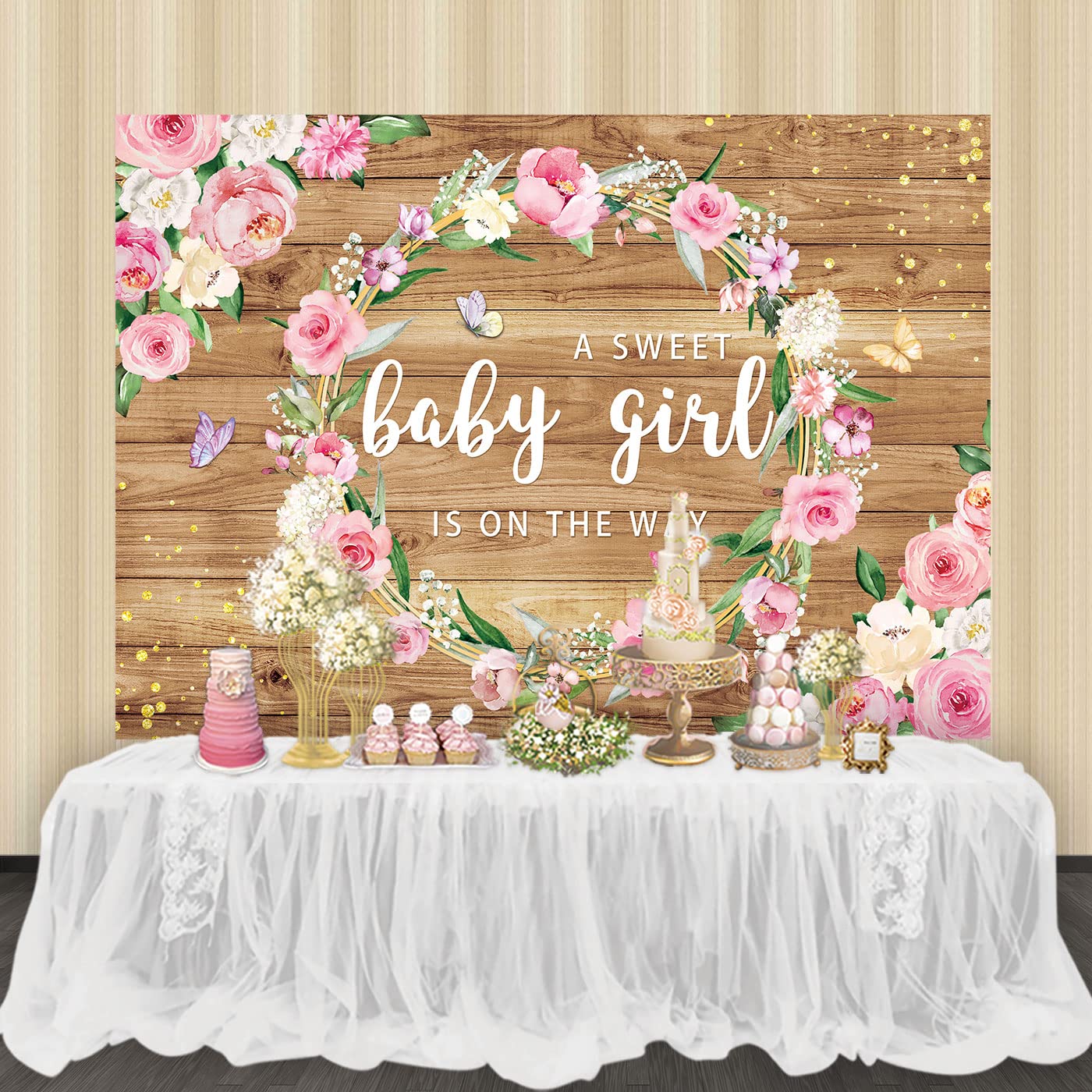 AOFOTO Hello Baby Runder Fotohintergrund – Süße Rosa Blumen, 2m Durchmesser, Perfekt Für Babyparty, Neugeborenenfotos & Böhmische Deko