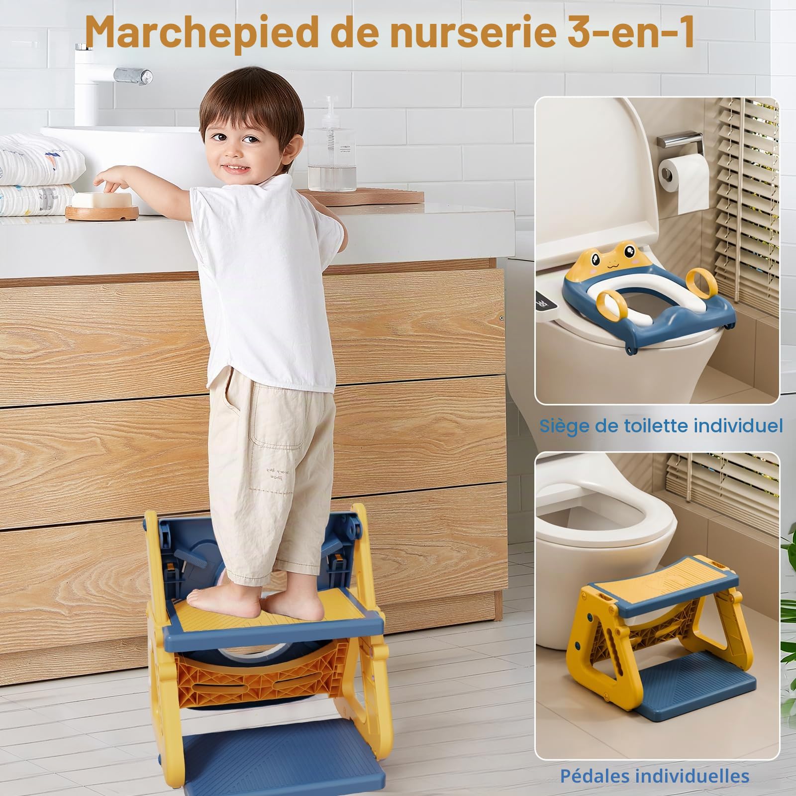 Reducteur Toilette Enfant avec Marche,Stabiliser Rehausseur Toilette Enfant avec Structures Triangulaires,Adaptateur Toilette pour Enfants Garçons et Filles,Antidérapant et Pliable,Bleu