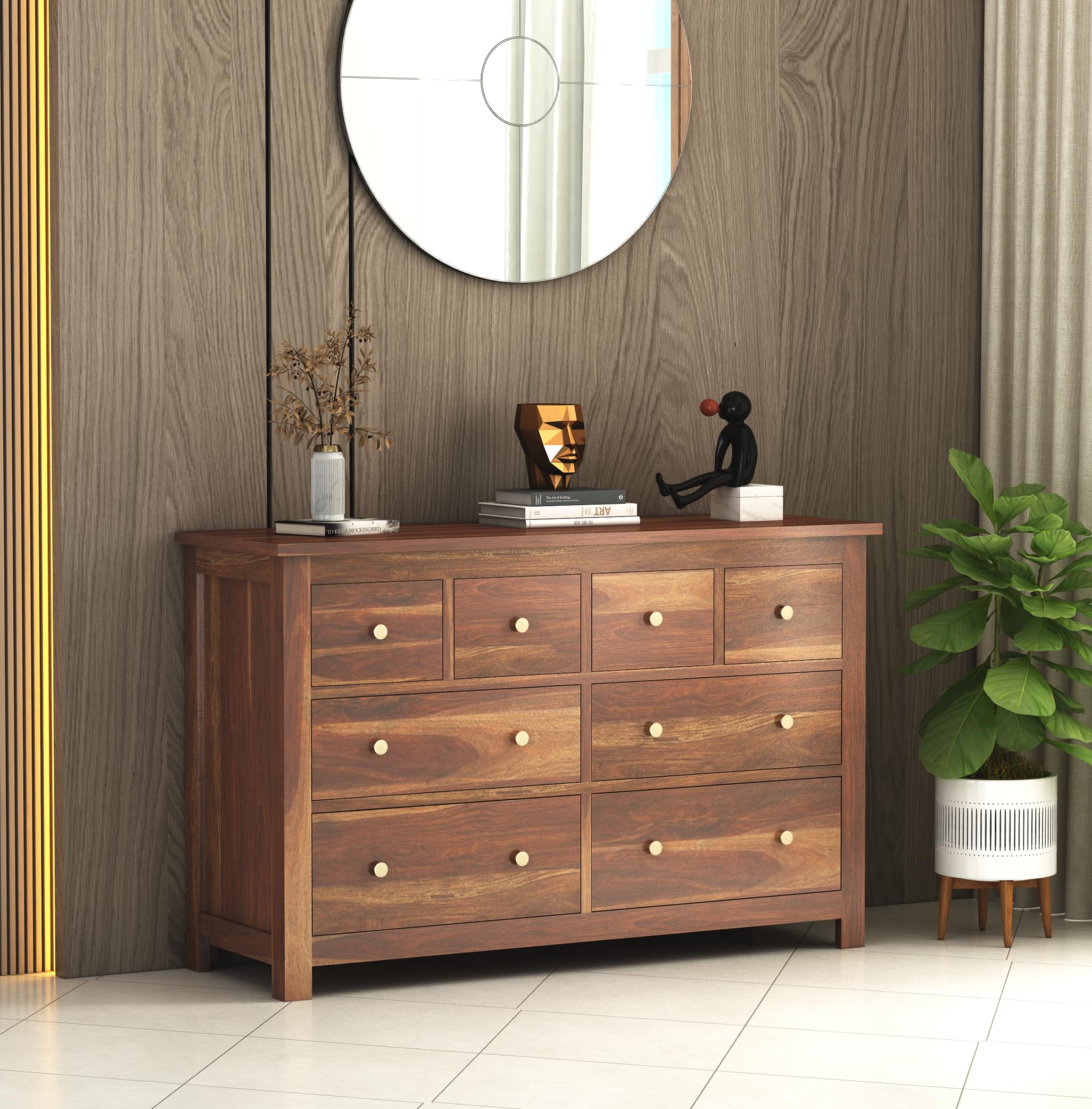 Unique Woodcraft Sheesham Wood Chest of 8 Drawers Wooden Sideboard Storage Cabinet with Drawers for Bedroom Living Room Home (Natural Finish)