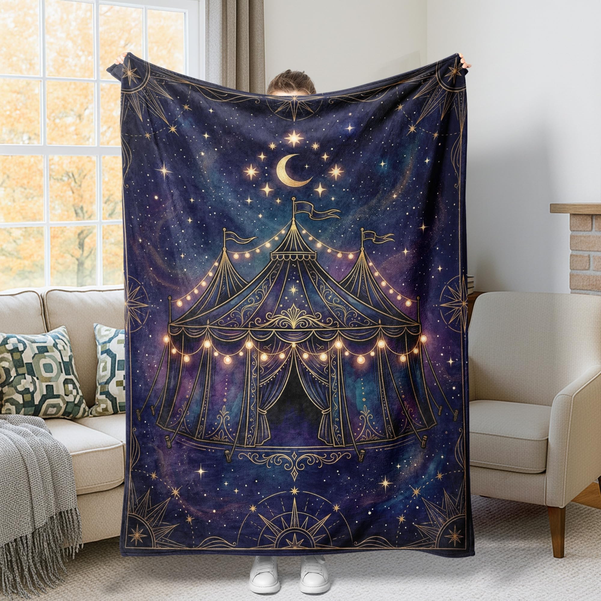 Couverture polaire douce grand plaid jeté de lit canapé salon lune étoiles bleu marine