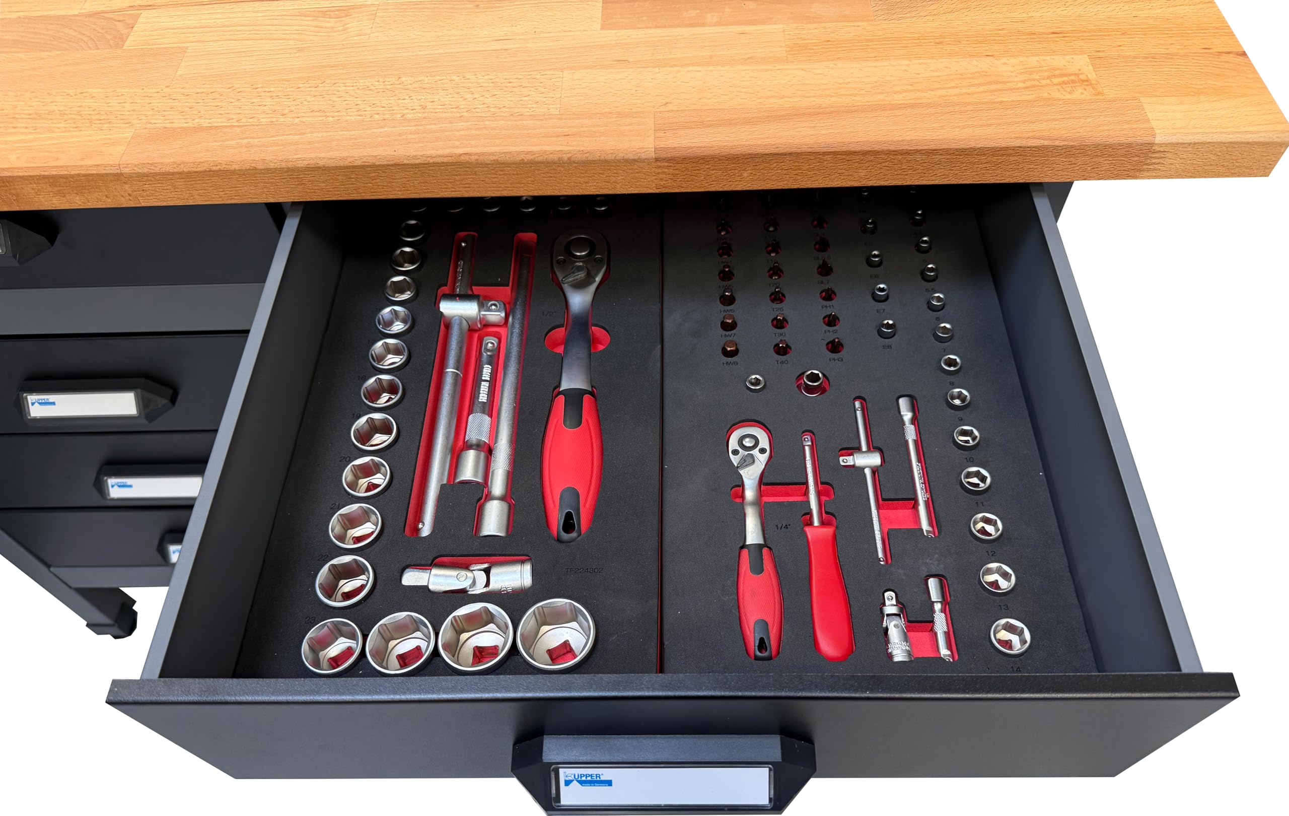 Küpper Werkstatt Werkbank mit 10 Werkzeugeinsätzen, 120x84x60cm, 5 Schubladen, 1 Tür, 300 kg Traglast, hochwertige Vollbuchenarbeitsplatte