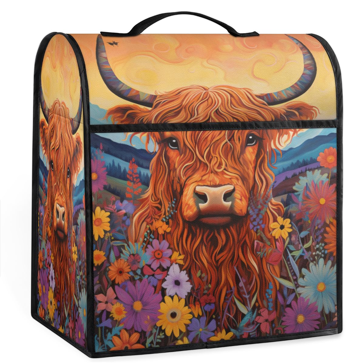 Coffee Maker Cover Flower Highland Cow Kitchen Appliance Covers Small Appliance Covers Blender Cover Juicer Cover Dust Covers for Kitchen Appliances with Top Handle and Pockets,Washable,C950