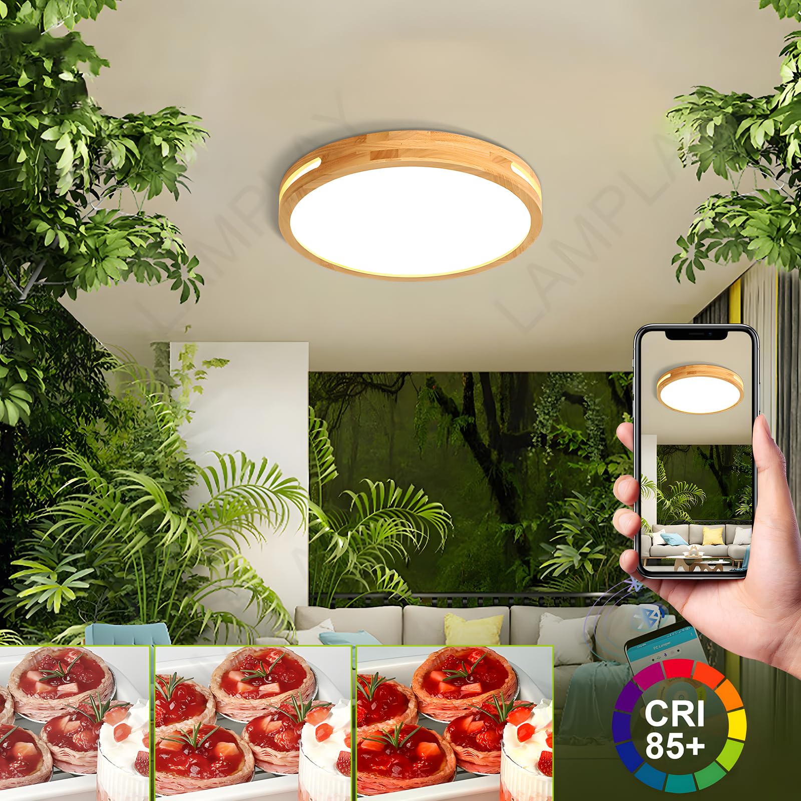 Plafonnier Rond En Bois, Ø30cm, LED À Lumière Neutre, Bois Naturel Original 4500K, 18W, Design Creux Latéral, Idéal Pour Une Chambre Un Salon Un Bureau Une Chambre D'Enfant Une Cuisine