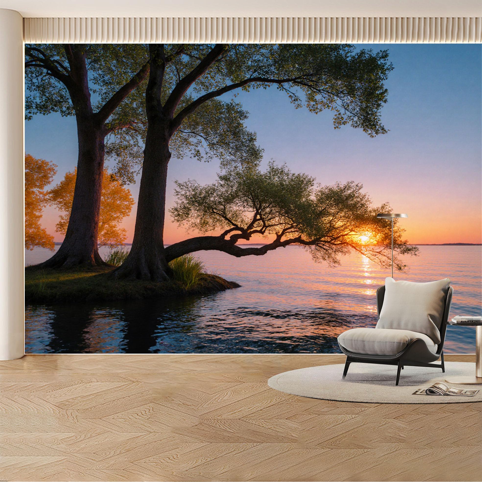 Kayorowalls Bh20260527777 Custom Wall Mural Wallpaper Tree Lake Sunset， Landscape Nature 3D Effect Wall Decor， Tropical Luxury Removable Selfadhesive Large Photo For Living Room， Bedroom， Office