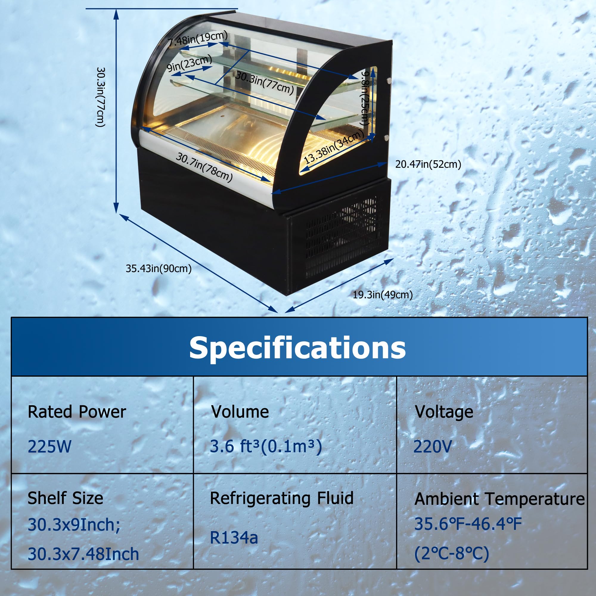 WYDDDARY Countertop Display Refrigerators 35'' Curved Cooling Cake Showcase 220V Two-tier Shelf Commercial Glass Bakery Cabinet Display with Rear Sliding Door Yellow LED Light 225W