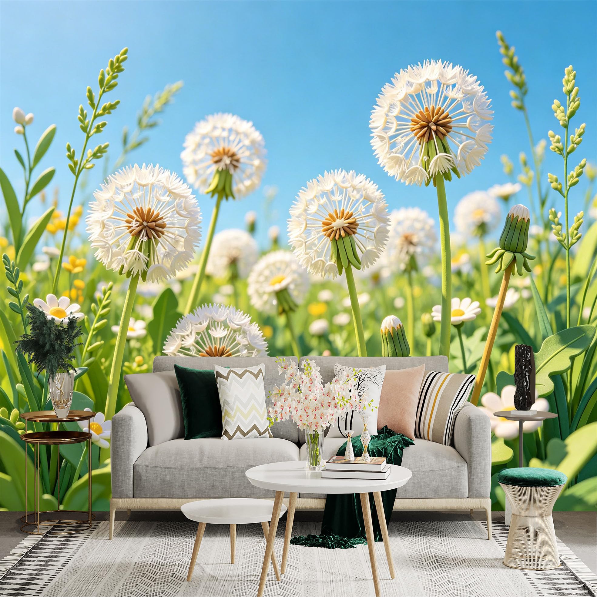 Custom Size Wall Sticker Mural， White Dandelion Flowers in Sunny Meadow， Spring Botanical Nature Scene， for wall Decoration， peelandstick wall Decals.