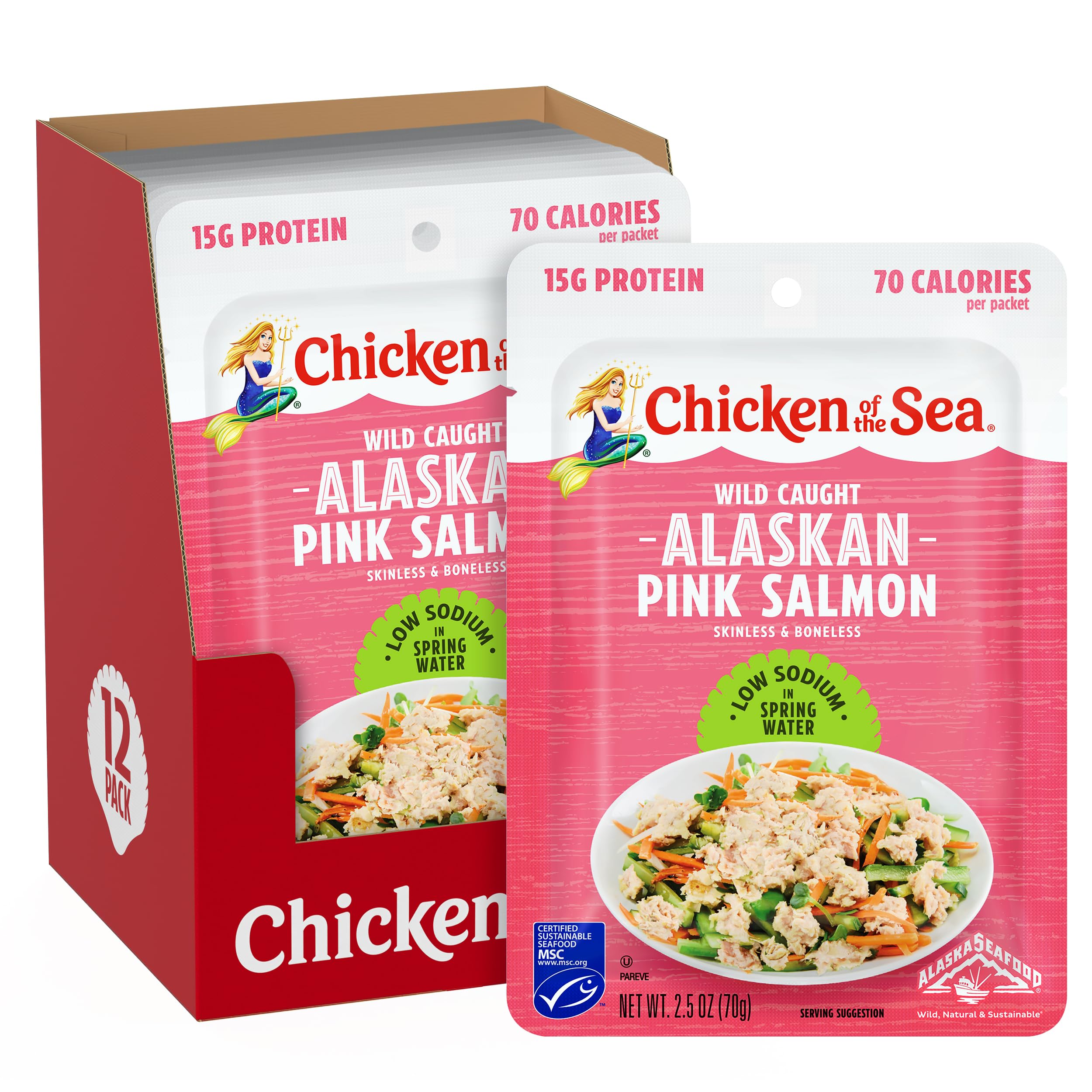 Chicken of the Sea Alaskan Pink Salmon, 2.5 oz. Packets (Box of 12), Wild Caught Salmon, Skinless & Boneless, Low Sodium