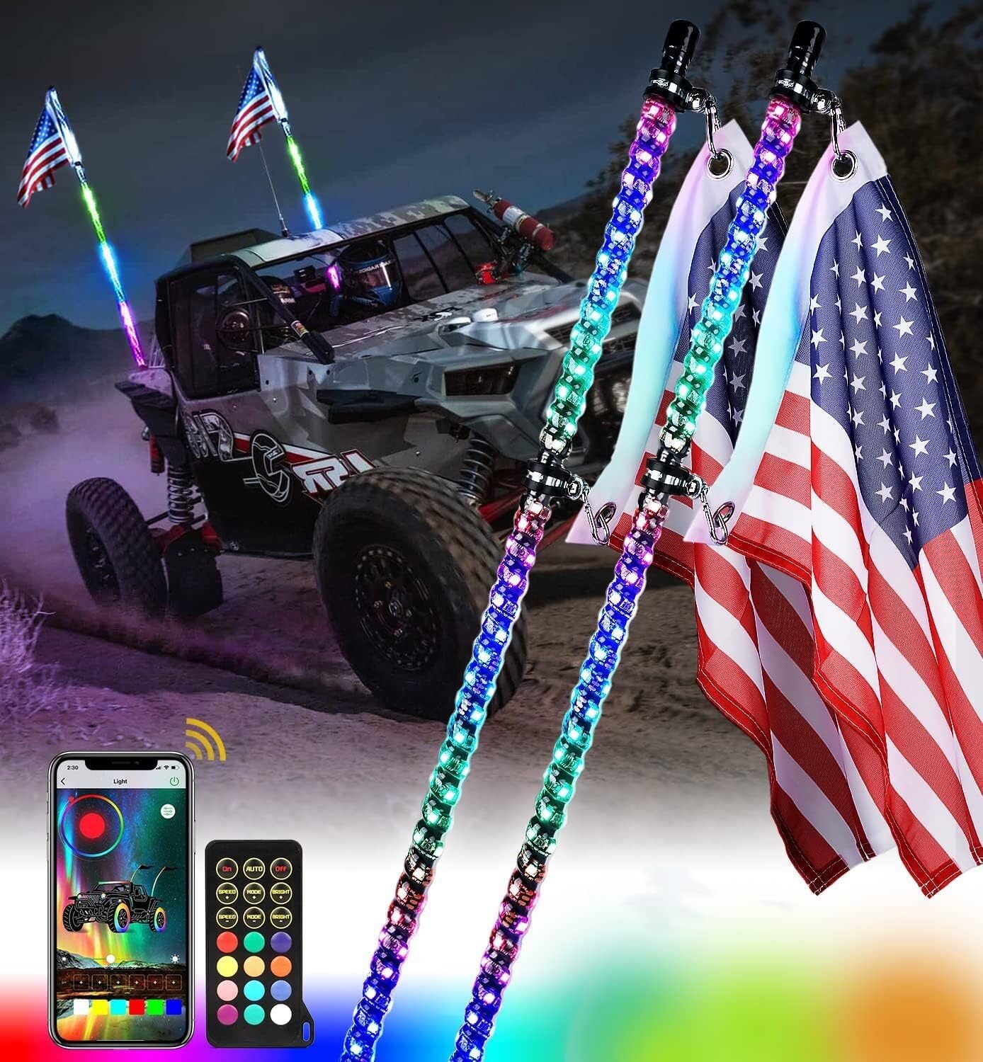Mekuk One Color Led Whip Lights Flag 【4Ft】 2Pcs Led Whip Light With Remote Control And App-Control, Lighted Antenna Rgb Whips For Atv Utv Offroad Sand Dune Buggy Rzr Truck Can