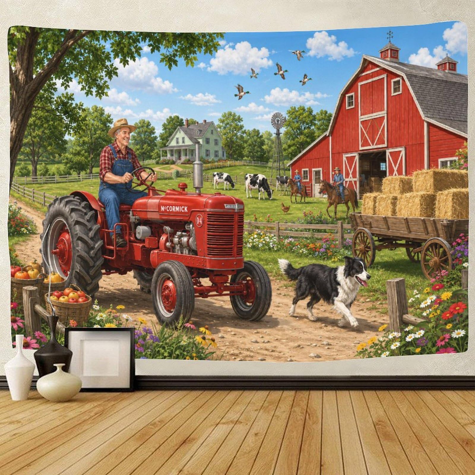 ASDFGHJKLZA Red Tractor Farm Harvest Wall Hanging Decor 3D Print Tapestry for Bedroom Tapestries Poster Curtain Bedroom College Dorm 130cmx150cm