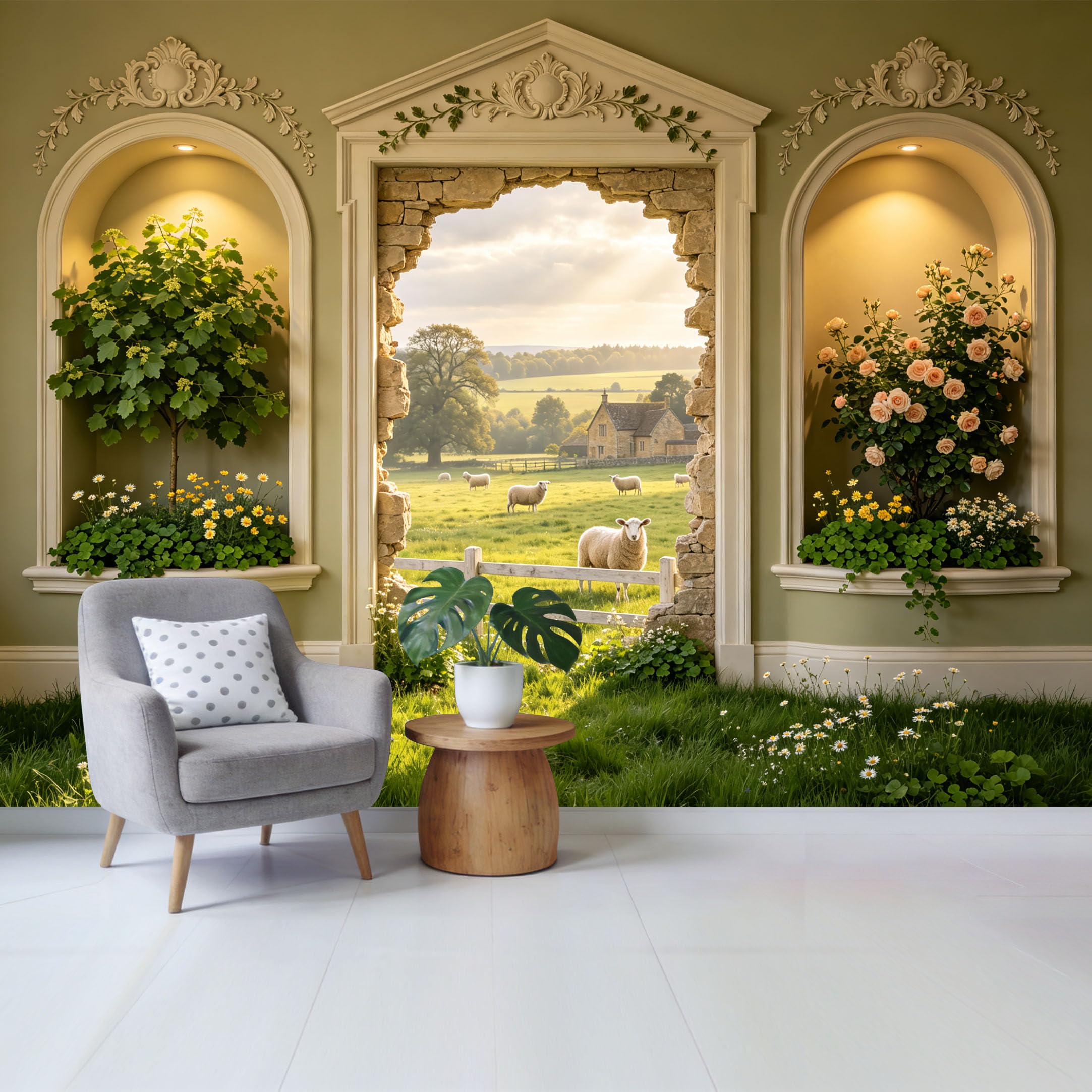 Custom Size Wall Mural Farmhouse Countryside Window View Pastoral Landscape Sheep Garden Floral Removable Self Adhesive Fabric Home Wall Decor for Living Room Bedroom Bathroom