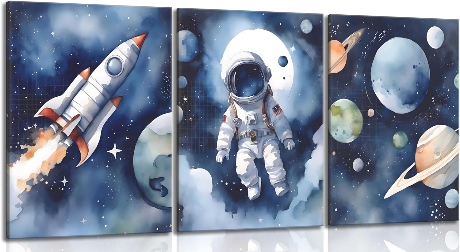 3Pcs Nursery Astronaut Wall Art Kids Space Planets Theme Canvas Painting Rocket Spaceman Wall Decor Explore Dream Galaxy Poster Prints Funny Outer Space Picture for Boys child Bedroom Living Framed