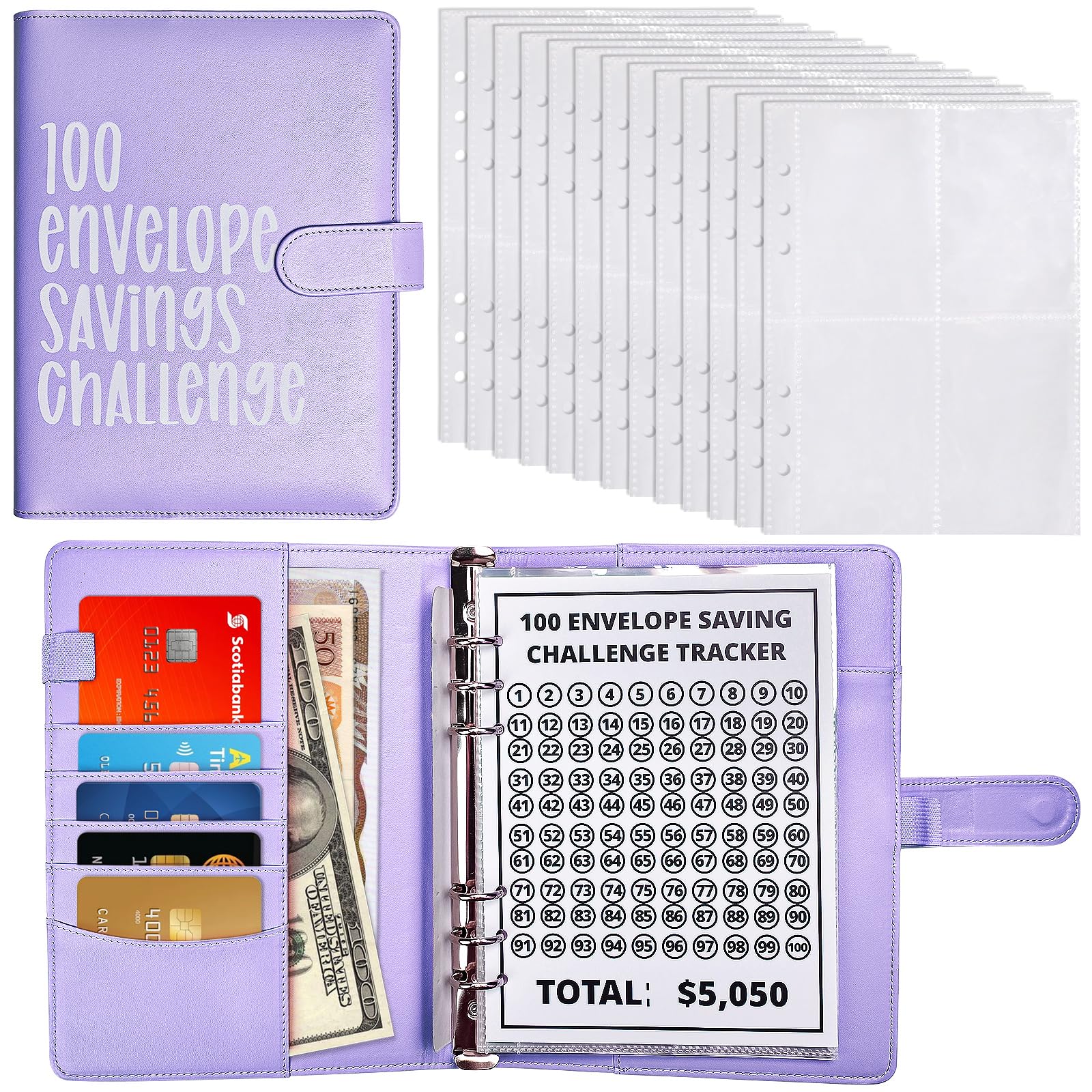 100 Envelope Challenge Binder, Savings Challenge Binder Budget Book Money Saving Binder Cash Binder with Envelope Easy Budget Binder Organizer Gift for Kids Adults(B)