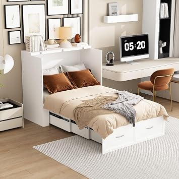 Twin Murphy Bed with Built-in Charging Station, Space-Saving Murphy Bed Chest Twin with Drawer, Foldable, for Home Office Guest Room Bedroom White, 76.8L x 44.4W x 41.3H