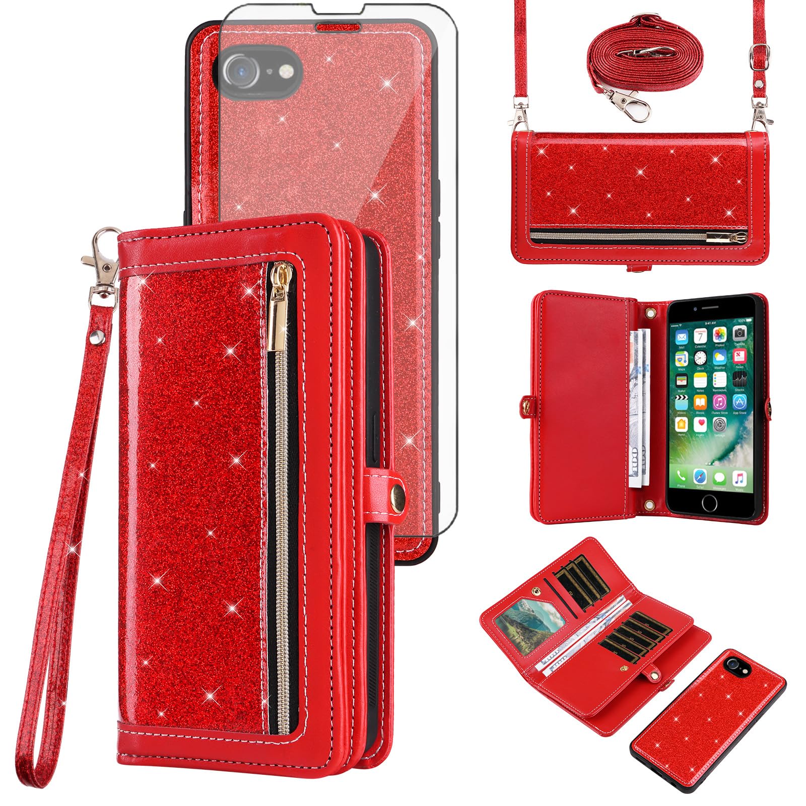 Asuwish Phone Case for iPhone 7/8/SE 2020/2022 Zipper Wallet Cell Cover with Screen Protector Strap Bling Glitter iPhone7 iPhone8 7s 8s i SE2020
