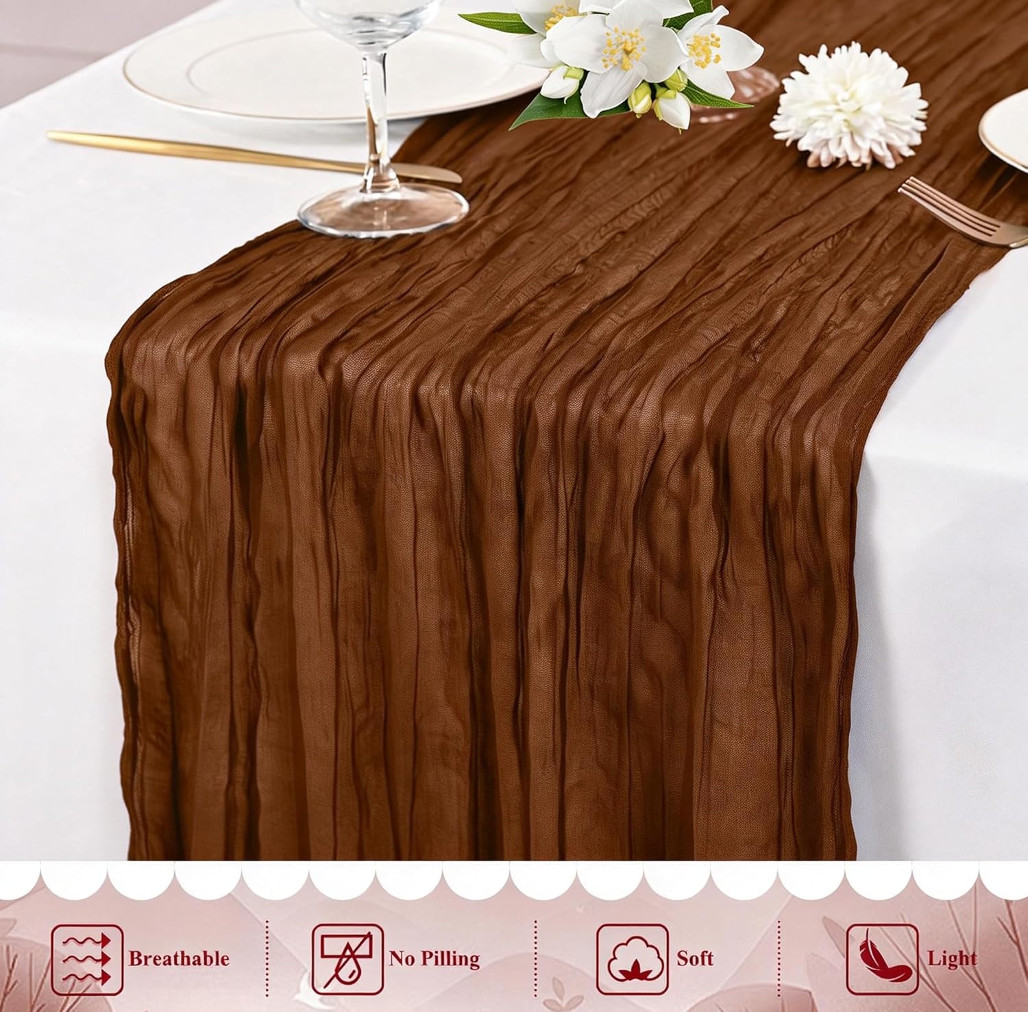 20 Packs Cheesecloth Table Runner 10FT Long Boho Gauze Fabric Table Runner Vintage Rustic Sheer Runners for Wedding Party Bridal Baby Shower Table Decorations (Brown)
