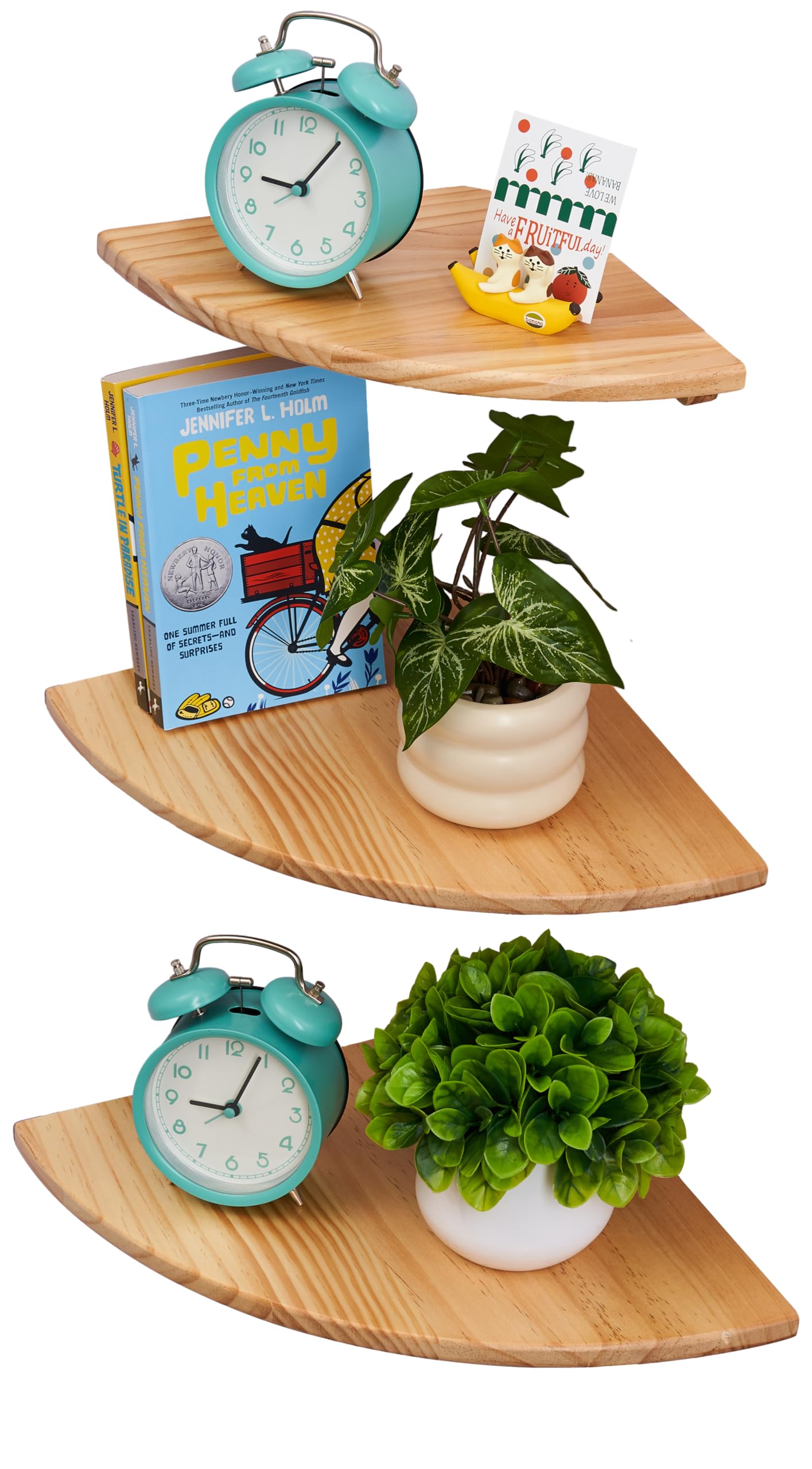Gieanoo Corner Floating Shelves,Set of 3 Solid Pine Wood Round Corner Shelves Wall Mounted with Wire Hole Floating Corner Shelf for Small Plant for Bedroom Kitchen Living Room(Natural 9/10/12in)