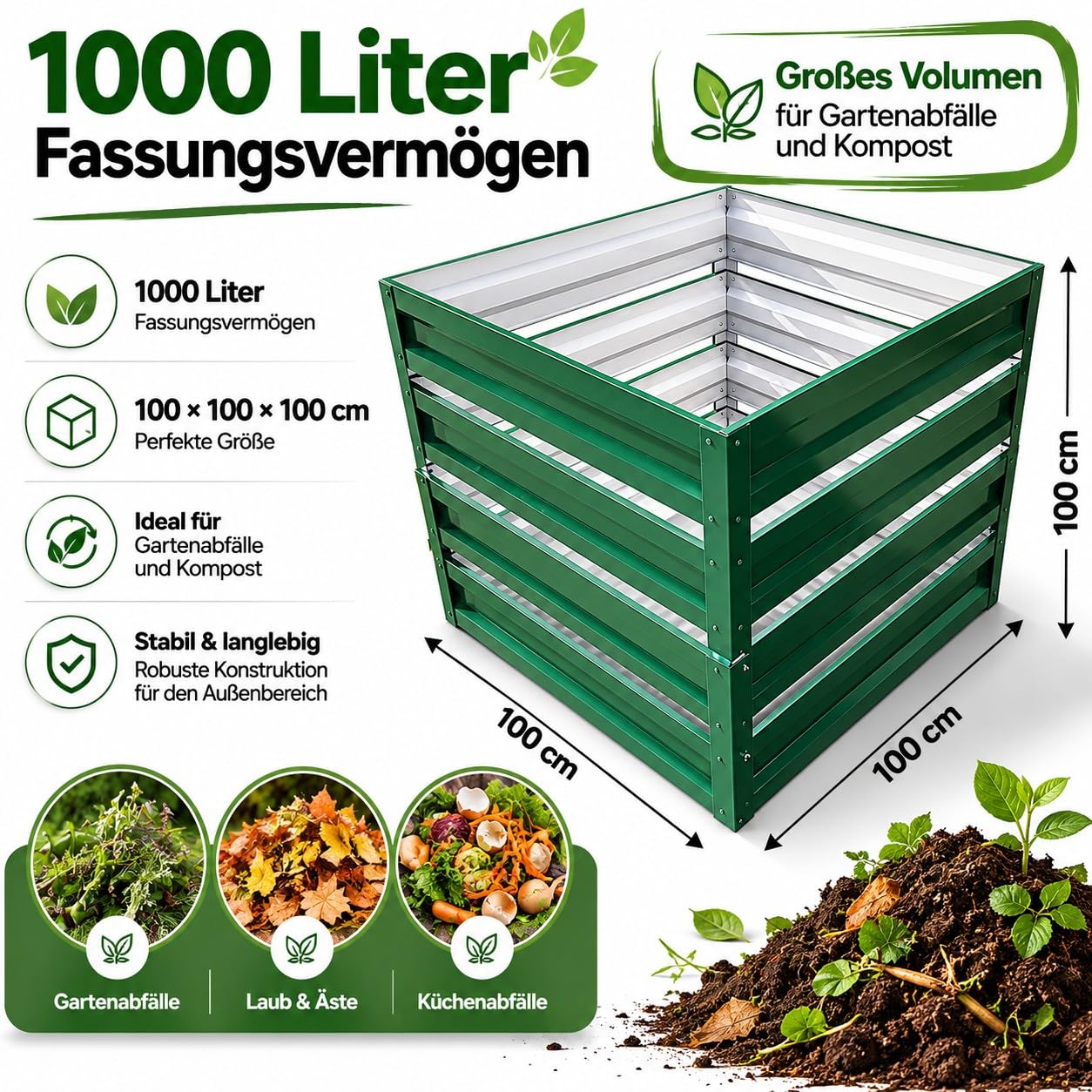 Botanic Gartenkomposter 1000L aus Metall, Verzinkter Komposter XXL 100x100x100 cm, Wetterfest & Rostfrei, Schnellkomposter für Gartenabfälle, Bioabfall & Laub, Einfacher Aufbau, Grün