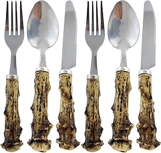 Pine Ridge 6 Piece Silverware Set with Faux Deer Antler Handles with 2 Forks, 2 Spoons and 2 Knives - Authentic Rustic Cabin Chic Deer Antler Carving Flatware Decorations - coolthings.us