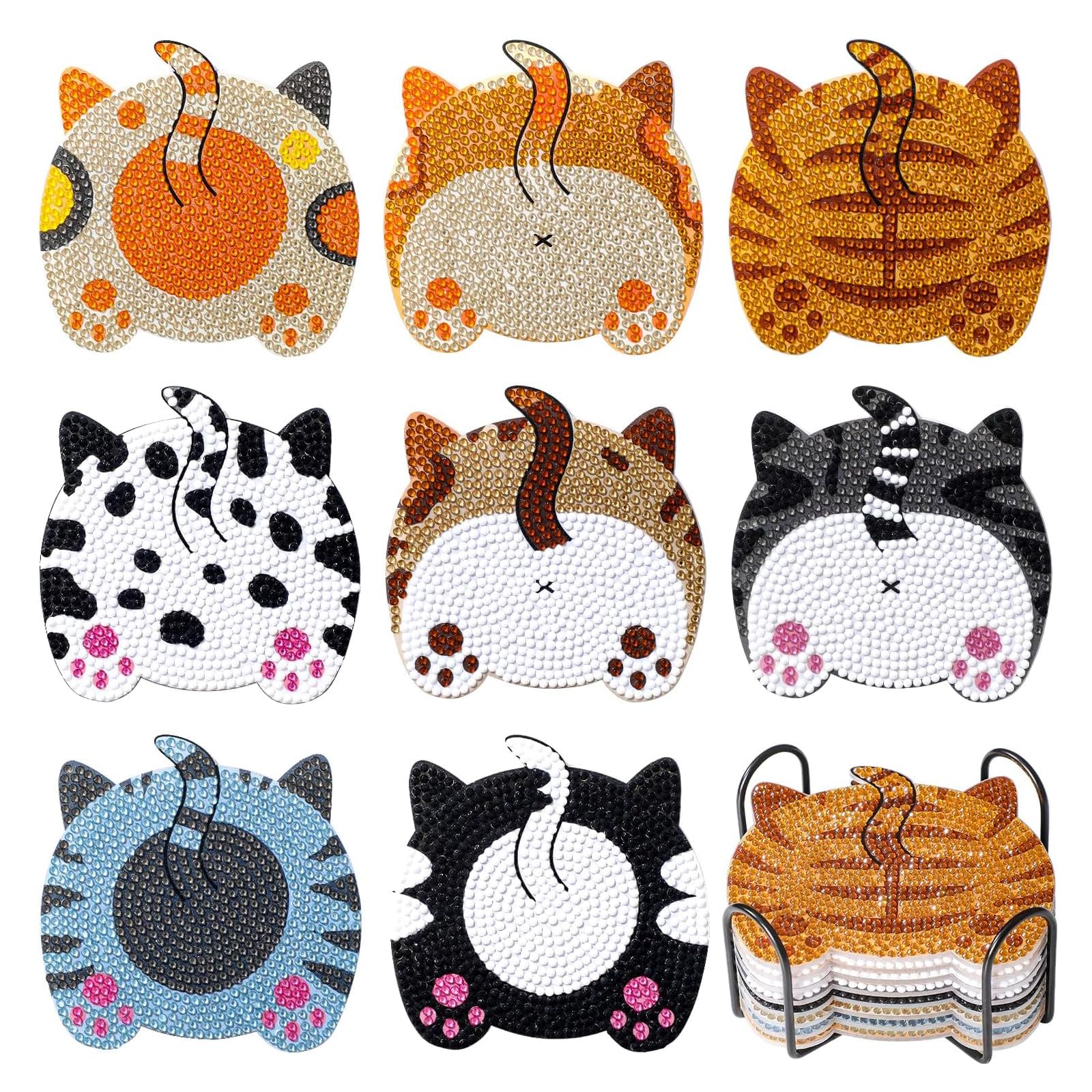 8Pcs Diamond Painting Cat Butt Coasters with Holder, DIY Diamond Art Kit for Adults, Stress Relief Crafting for Cat Lovers, Home Decoration Accessories for Kitchen and Office-picture-31