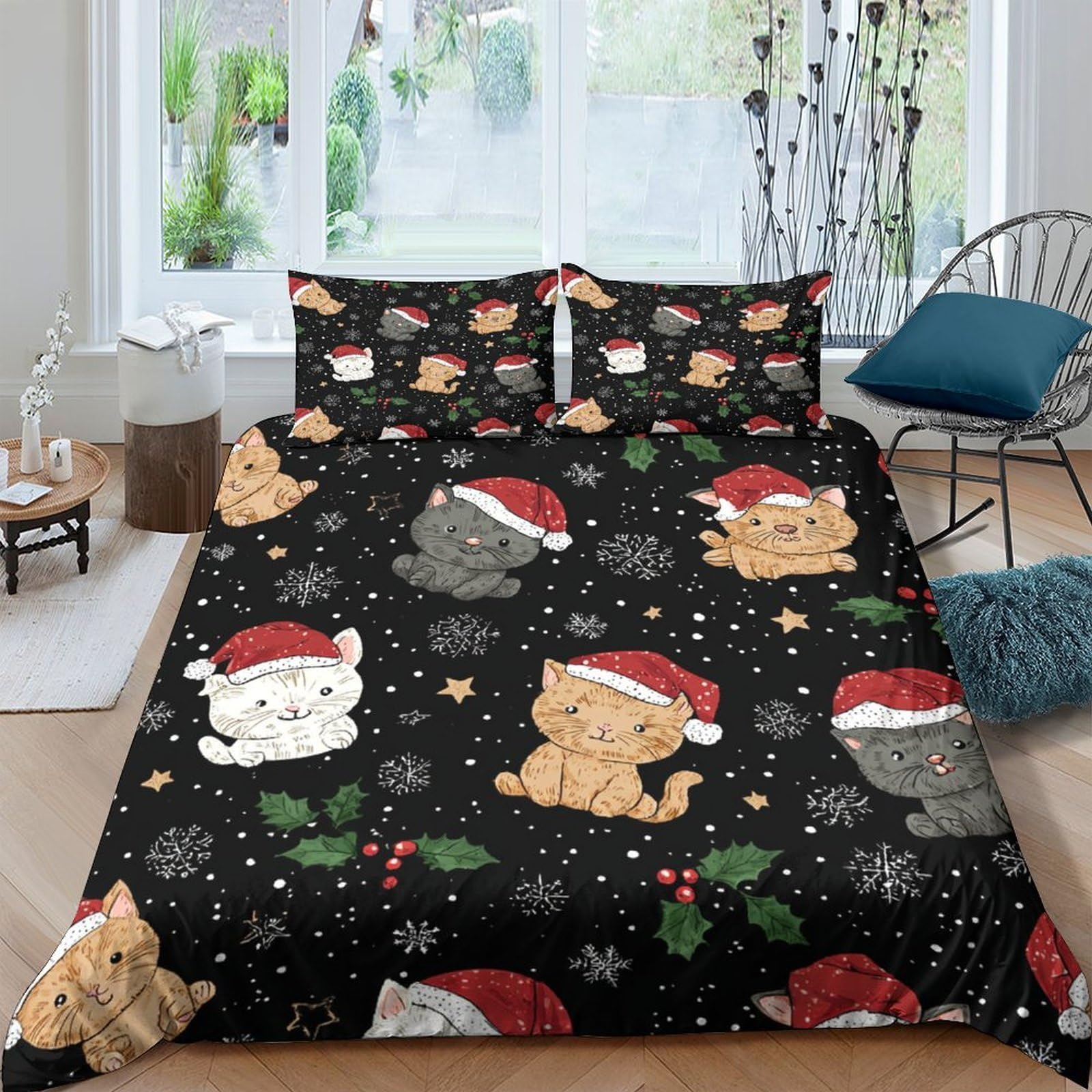Ctjqhvkz Style-4 3D Printed Christmas Cat Fitted Sheet Microfiber Soft Black Santa Hat Bed Cover For Bedroom Dorm Mattress Decor Single（135X200cm）