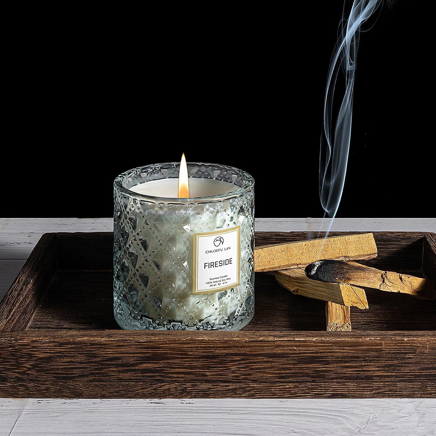 Chloefu LAN Smokey Fireside Scented Candle Gifts for Men Cashmeran Leather Candles for Home Scented, 55 Hours Long Burning, 8.1 Ounce Premium Soy Wax