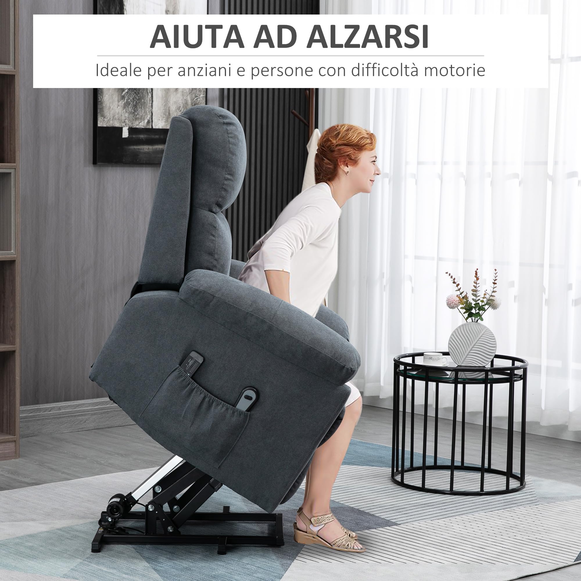HOMCOM Poltrona Elettrica Alzapersona Reclinabile 135°, Poltrona Relax Elettrica in Tessuto Effetto Lino con 8 Punti Massaggio, Telecomandi, Poggiapiedi, 2 Tasche Laterali per Soggiorno, Grigio