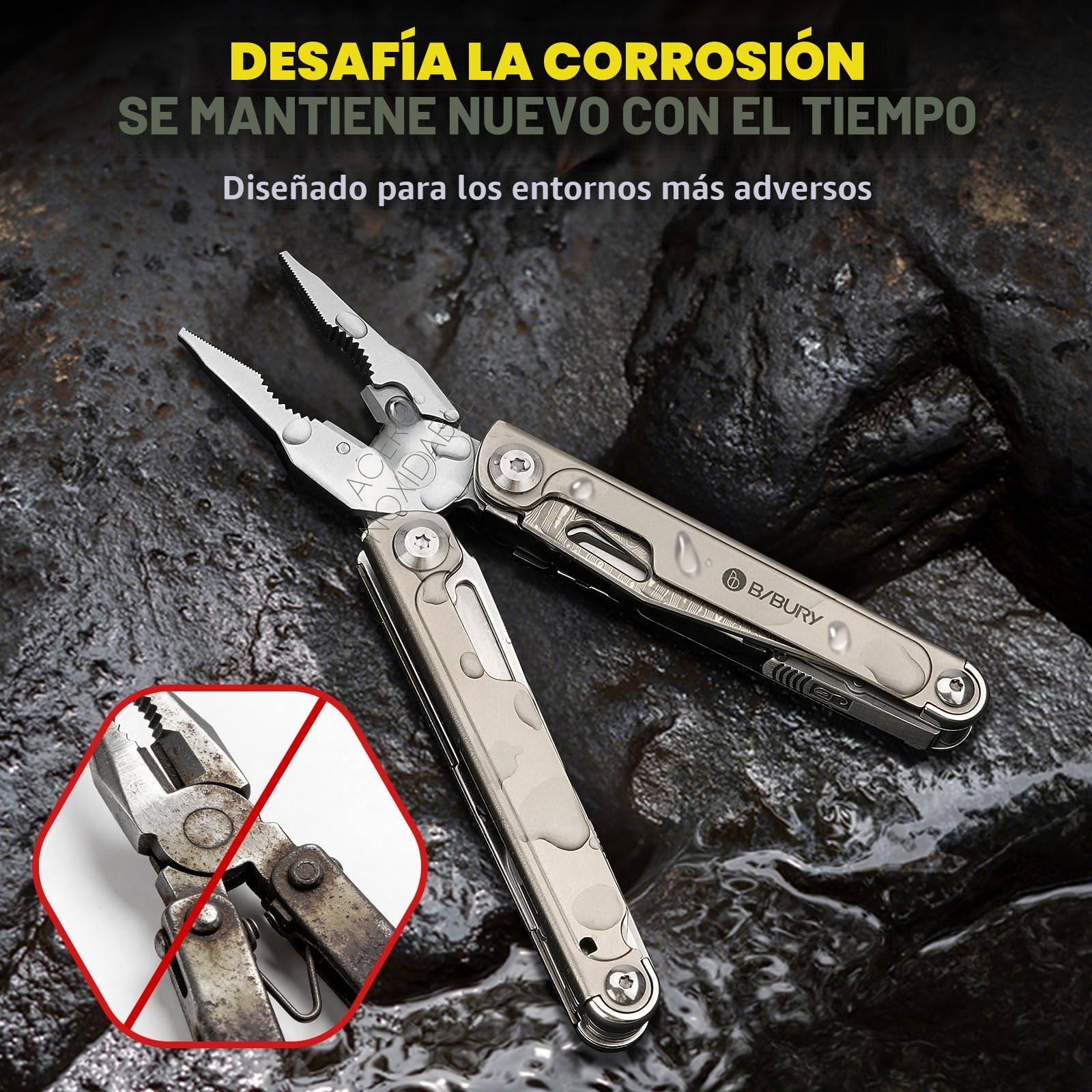 BIBURY Multiherramienta Titanio y Acero Damasco - Alicates Multiusos con Navaja Supervivencia, Tijeras, Sierra Intercambiable y Puntas - EDC Multitool para Camping, Reparar y Regalo Hombre BI2049TI