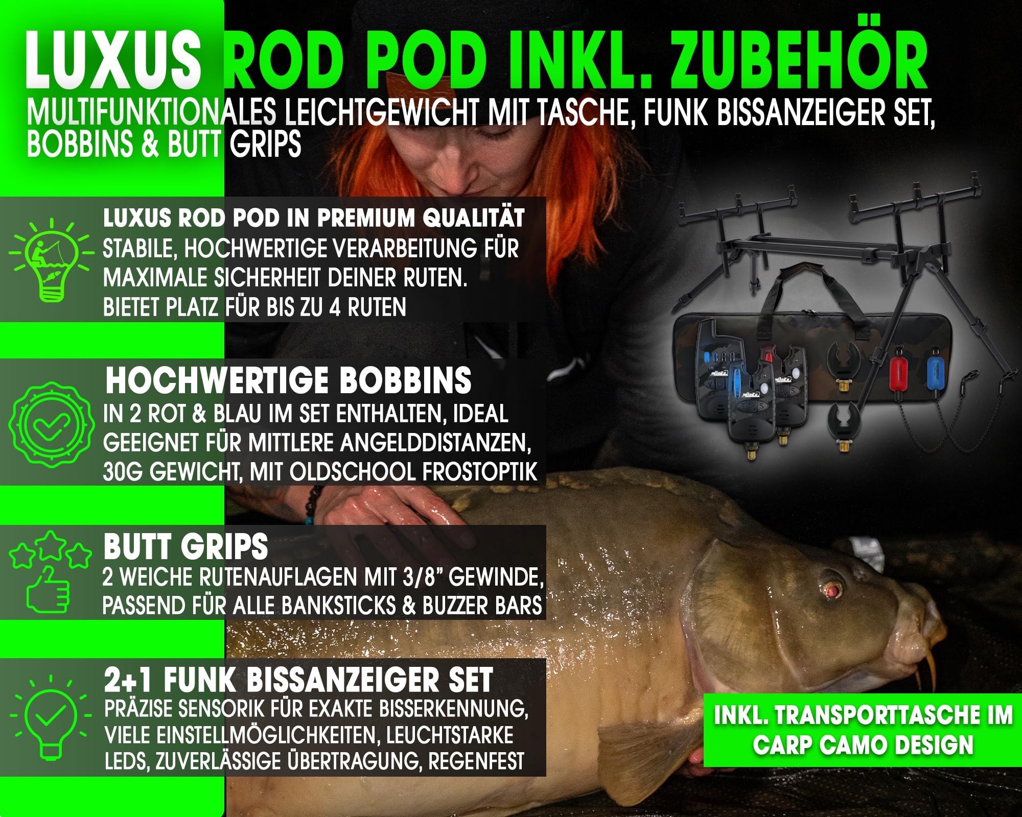 Angel-Berger Magic Baits Luxus Rod Pod mit Funkbissanzeiger Set Tasche Rutenauflagen Bite Indicator Carp Rodpod Rutenständer Rutenhalter