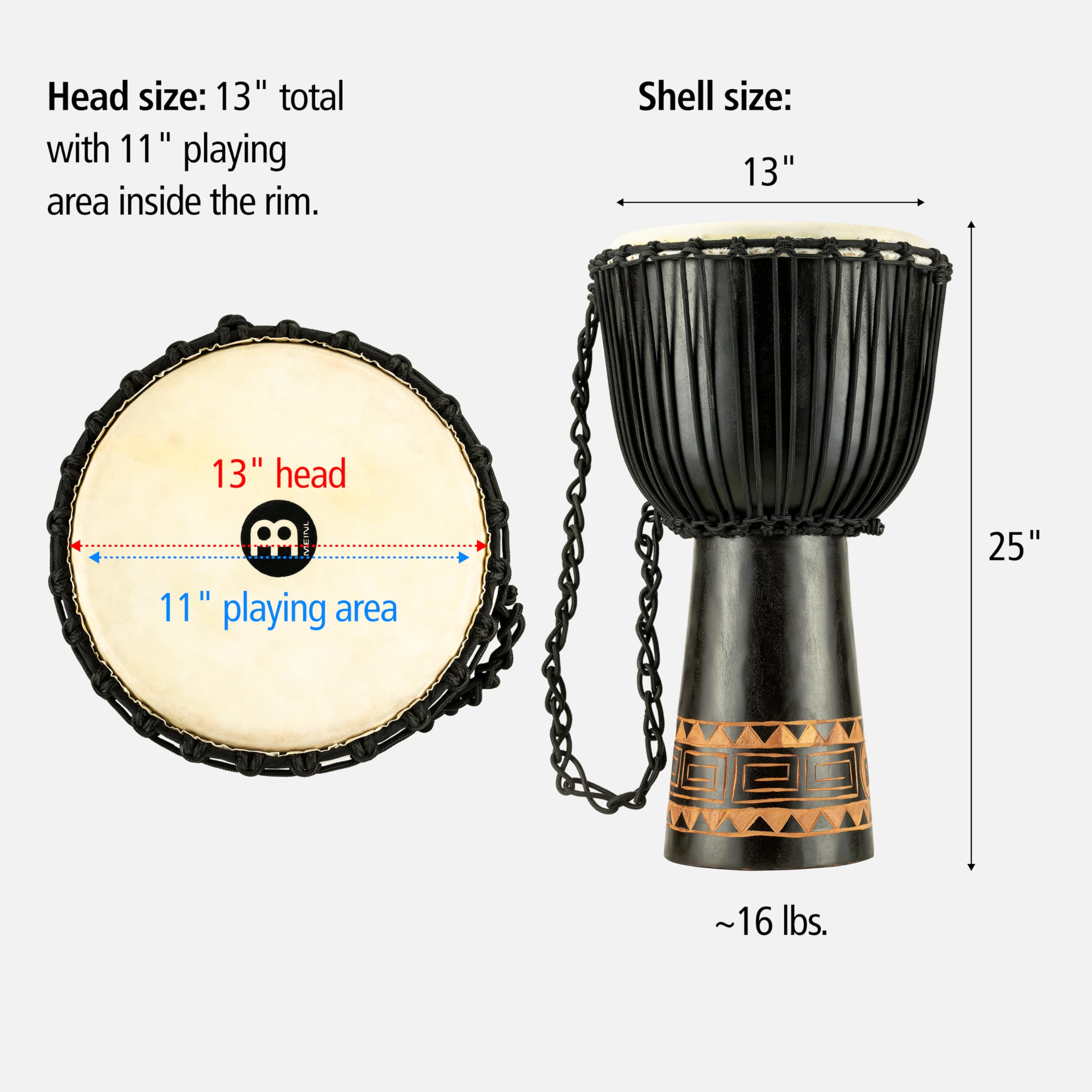 Meinl Percussion Djembe Congo À Cordes – Très Grande Percussion à Main – Avec Peau de Chèvre – Diamètre 13 pouces – Acajou, Marron Foncé (HDJ1-XL)