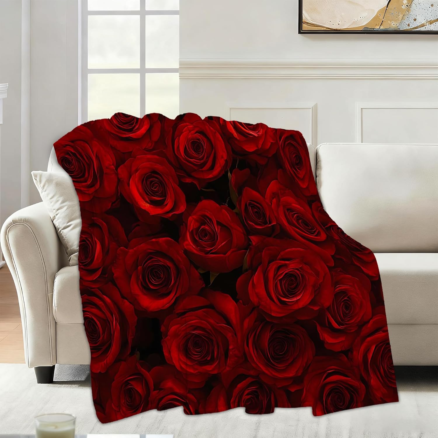 Fall Throw Blanket,Red Rose Flowers Throw Blanket for Couch Home Decor,Anniversary Soft Plush Travel Blanket Lightweight,Cozy Throws for Couch,Bed,Naps,Reading50 X 60 Inch