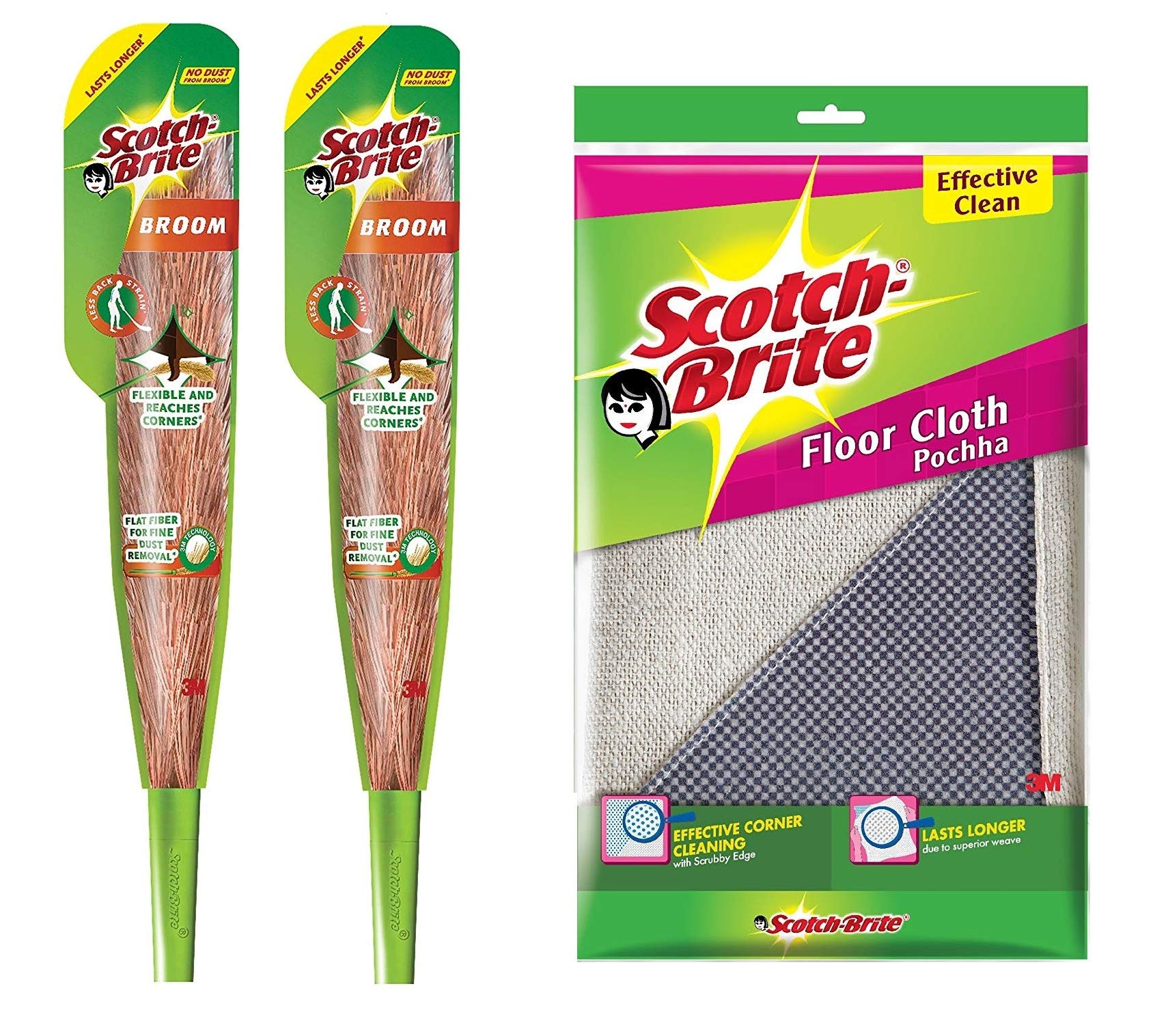 Scotch-Brite Floor Cleaning Kit Plastic Broom Pack of 2 and Pack of 1 Cloth Pochha, Green