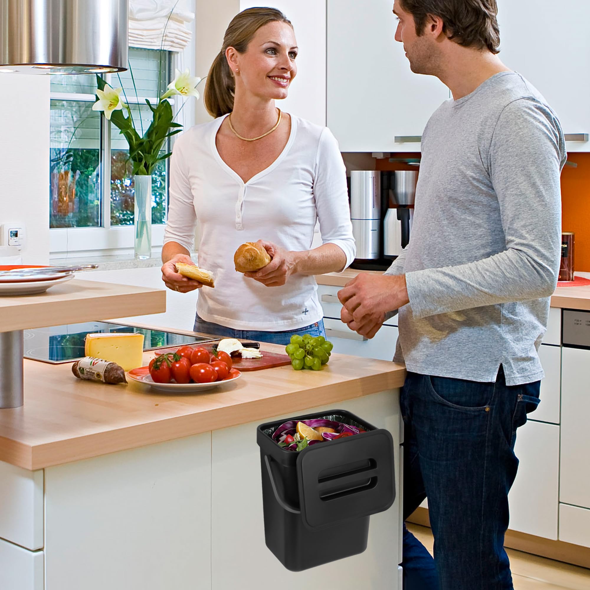 Secchio da Compost da Cucina Piccolo Bidone della Spazzatura Sospeso con Coperchio 3L Secchio di Rifiuti Organici per Cucina Nero