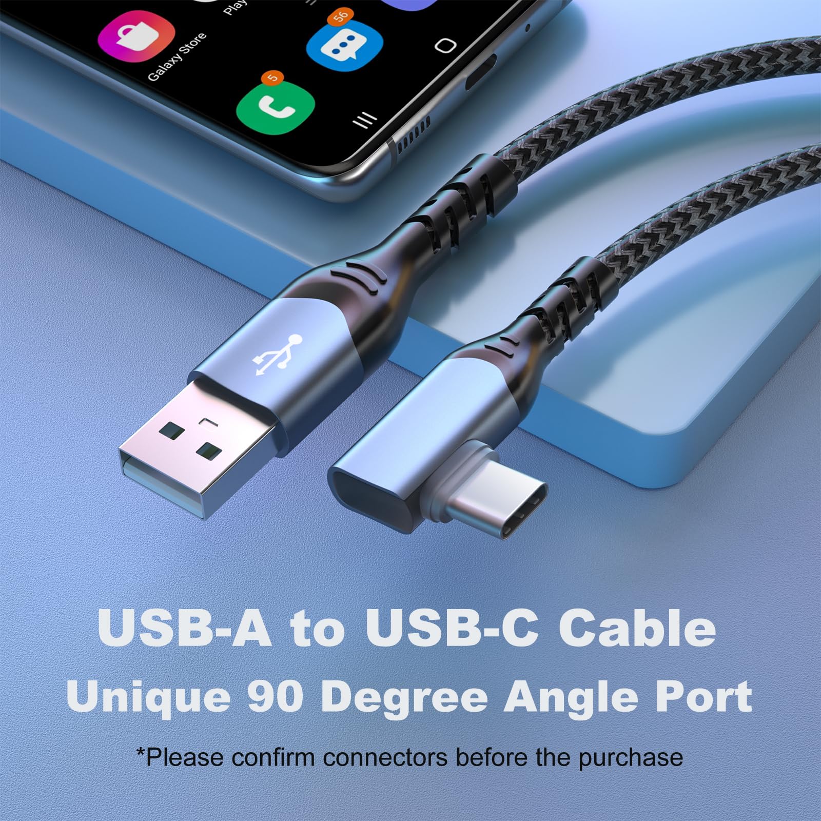 Kabel USB typu C 90 stopni, kąt prosty, długi nylonowy oplot, szybki kabel USB-A na USB-C, kompatybilny z Samsung Galaxy S20, S10, S9, S8, Note 8, LG G8, tabletami, czarny × 2