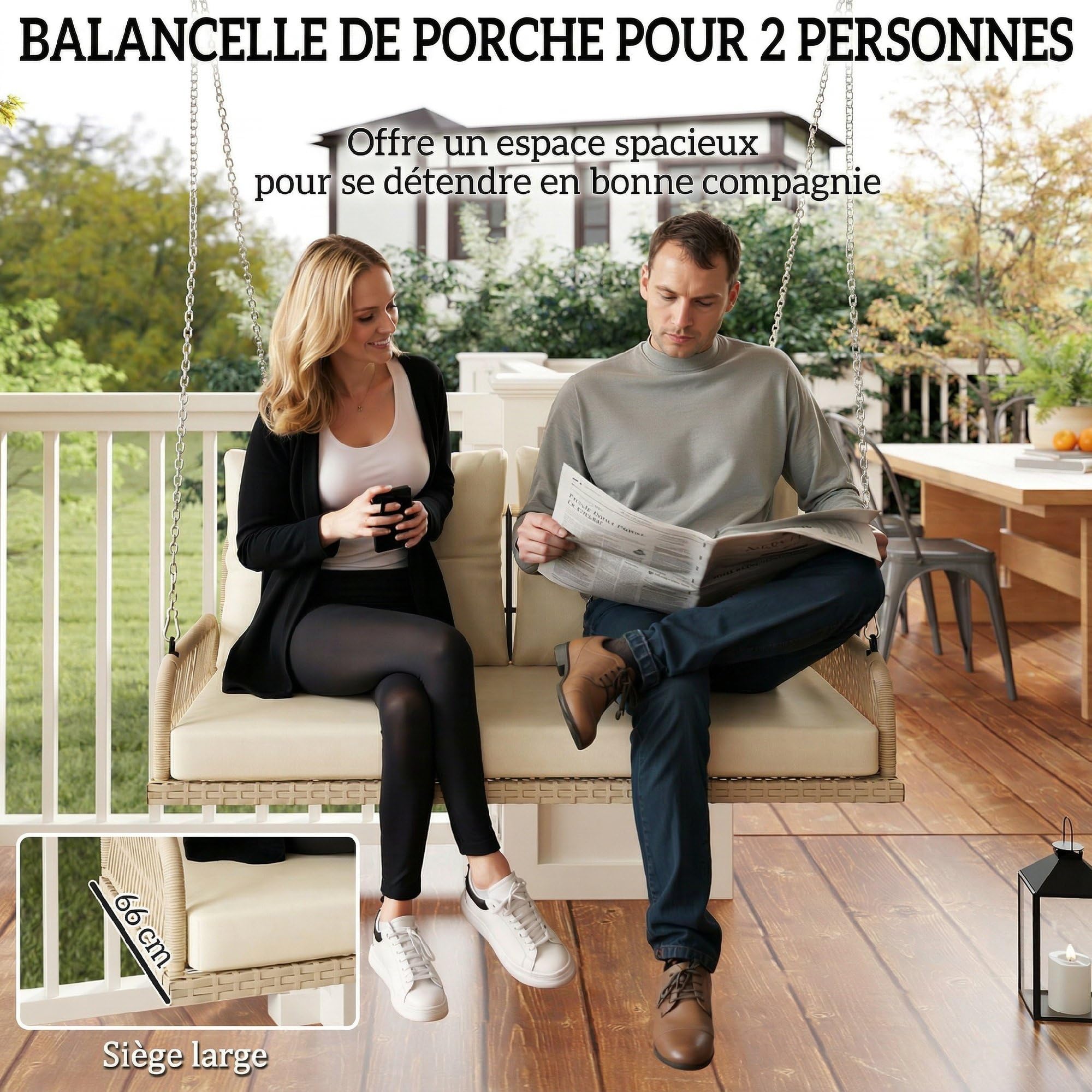 Outsunny Balancelle de Jardin en Résine Tressée 2 Places avec Coussins Amovibles, Charge 240 kg, 115x66x44cm, Beige