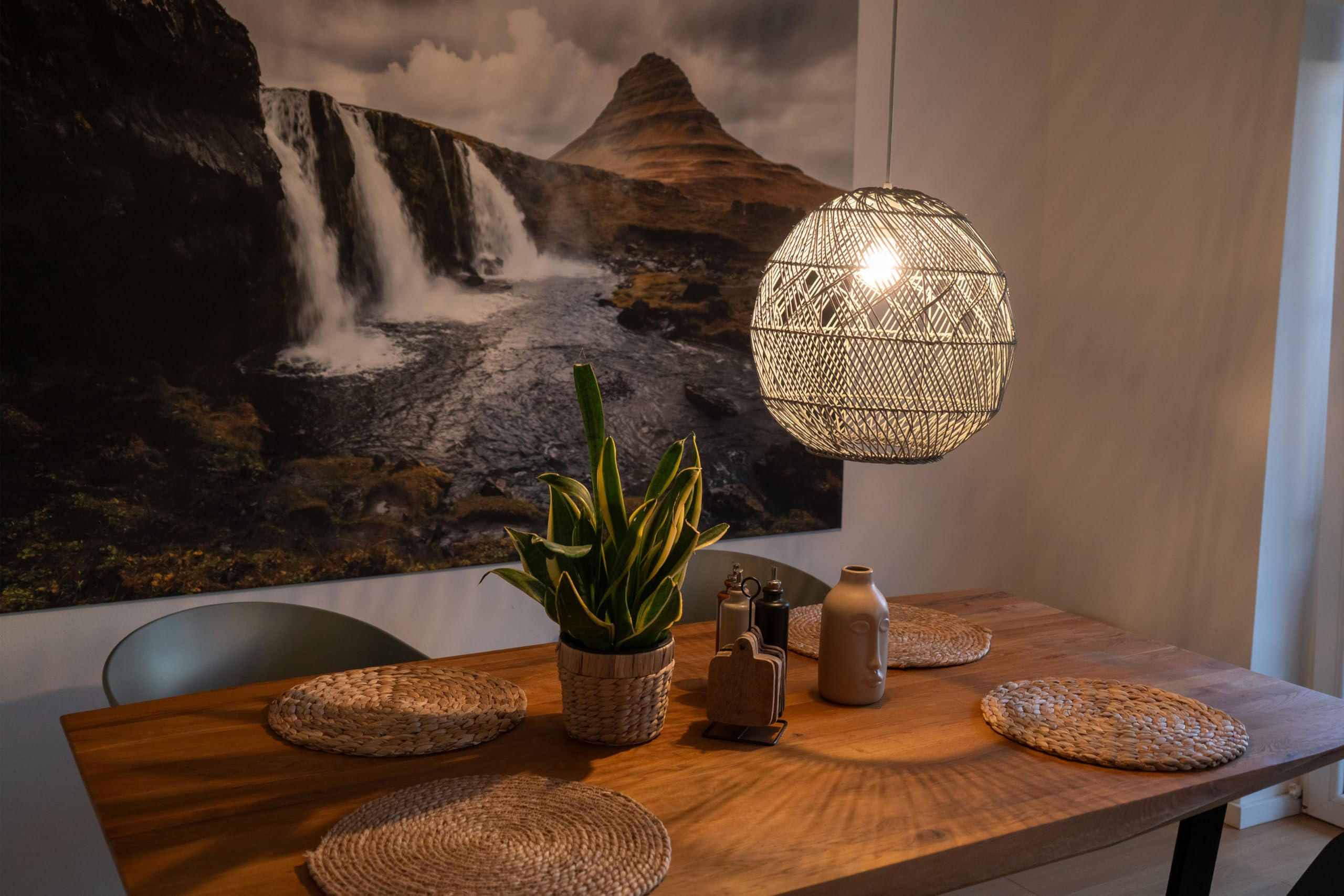 Decorasian Boho Lampenschirm aus Rattan – Korb Lampenschirm für Hängelampe mit E27 Lampenfassung – Rattan Pendelleuchte - grau