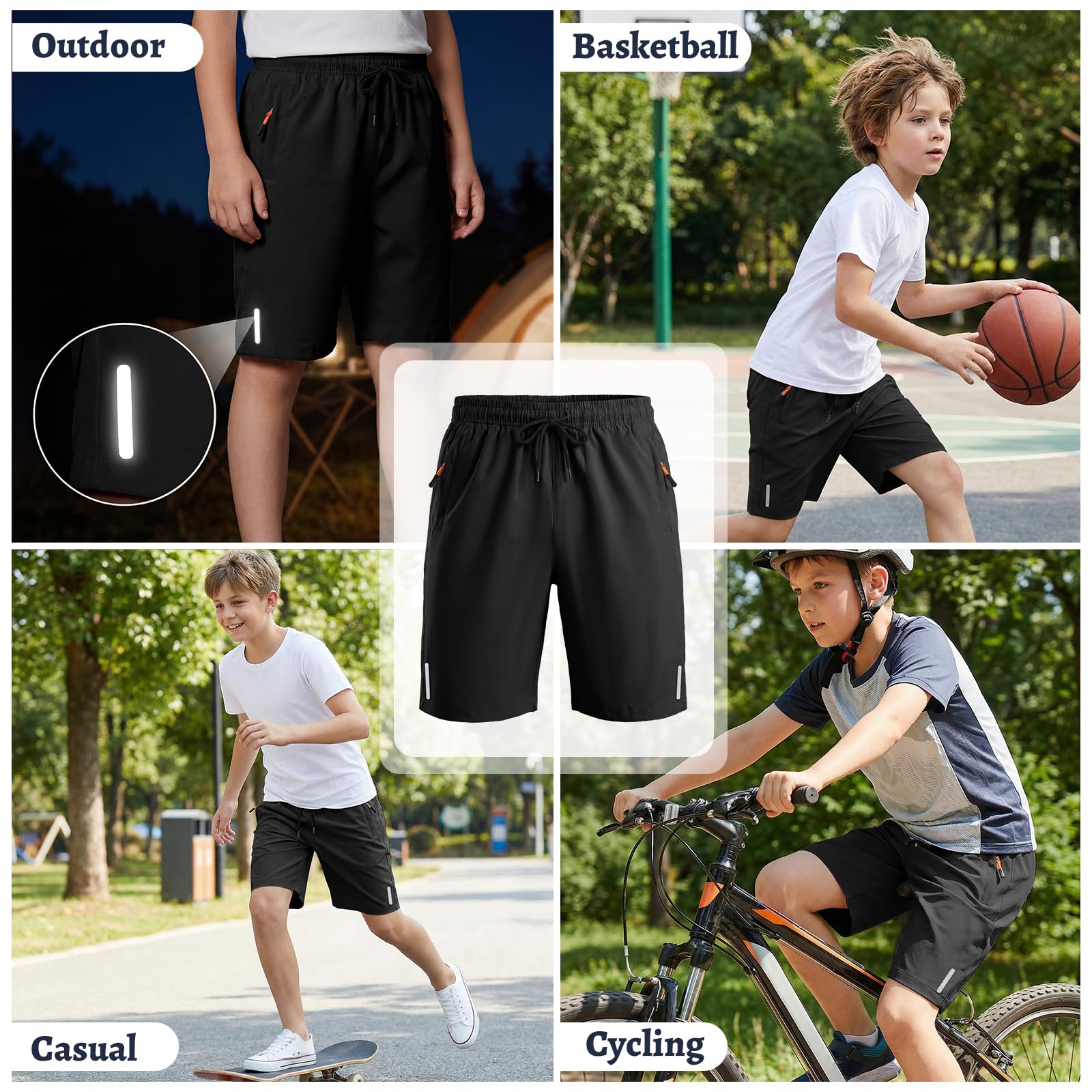 Shorts Niños, Secado Rápido Pantalones Cortos de Deporte con Tiras Reflectantes, Transpirable Pantalón Cortos con Bolsillos y Cremallera Escuela Fútbol para Infantil 6-13 Años