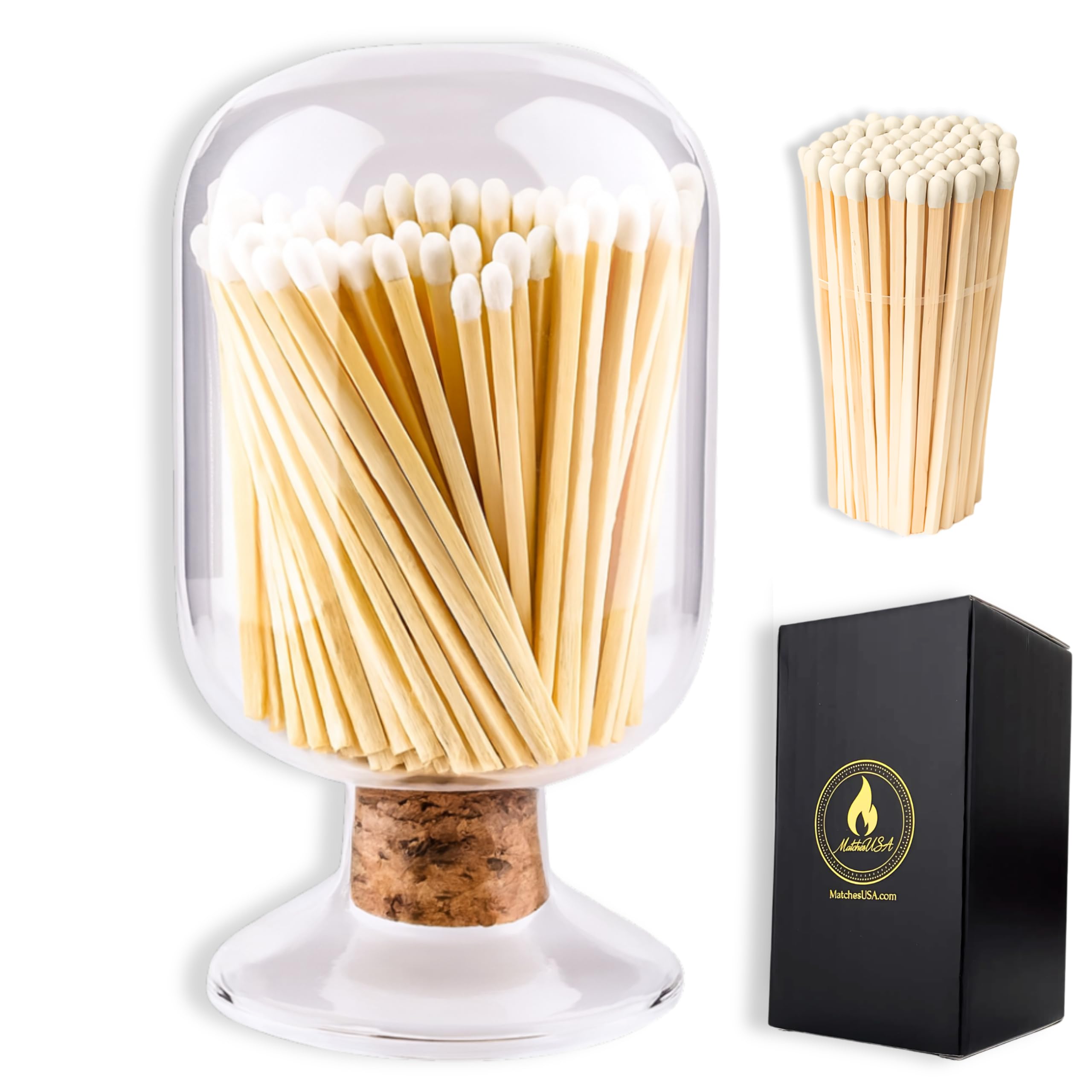 Includes Matches | Decorative Glass Matches Cloche | Bottle Jar Fireplace Candle Match Holder Gift Set (White)