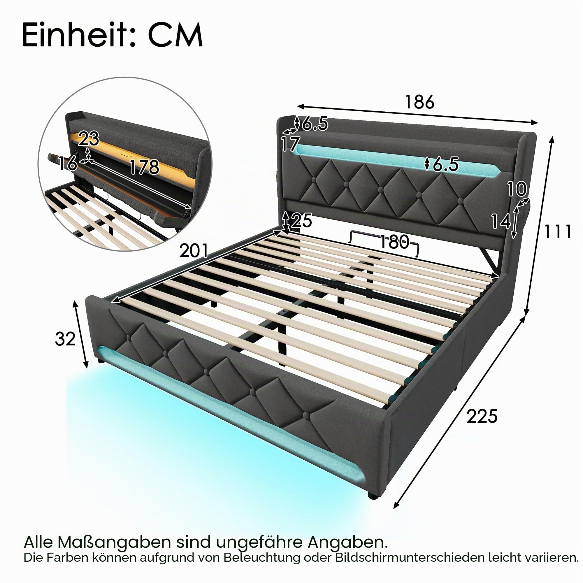 Polsterbett 180x200 Doppelbett, Stauraum-Kopfteil mit USB- und Typ-C-Anschlüssen, LED-Beleuchtung am Kopf- und Fußende des Bettes, mit Hydraulischem Stauraum, Leinen (Grau 1, Ohne Matratze, 180x200CM)