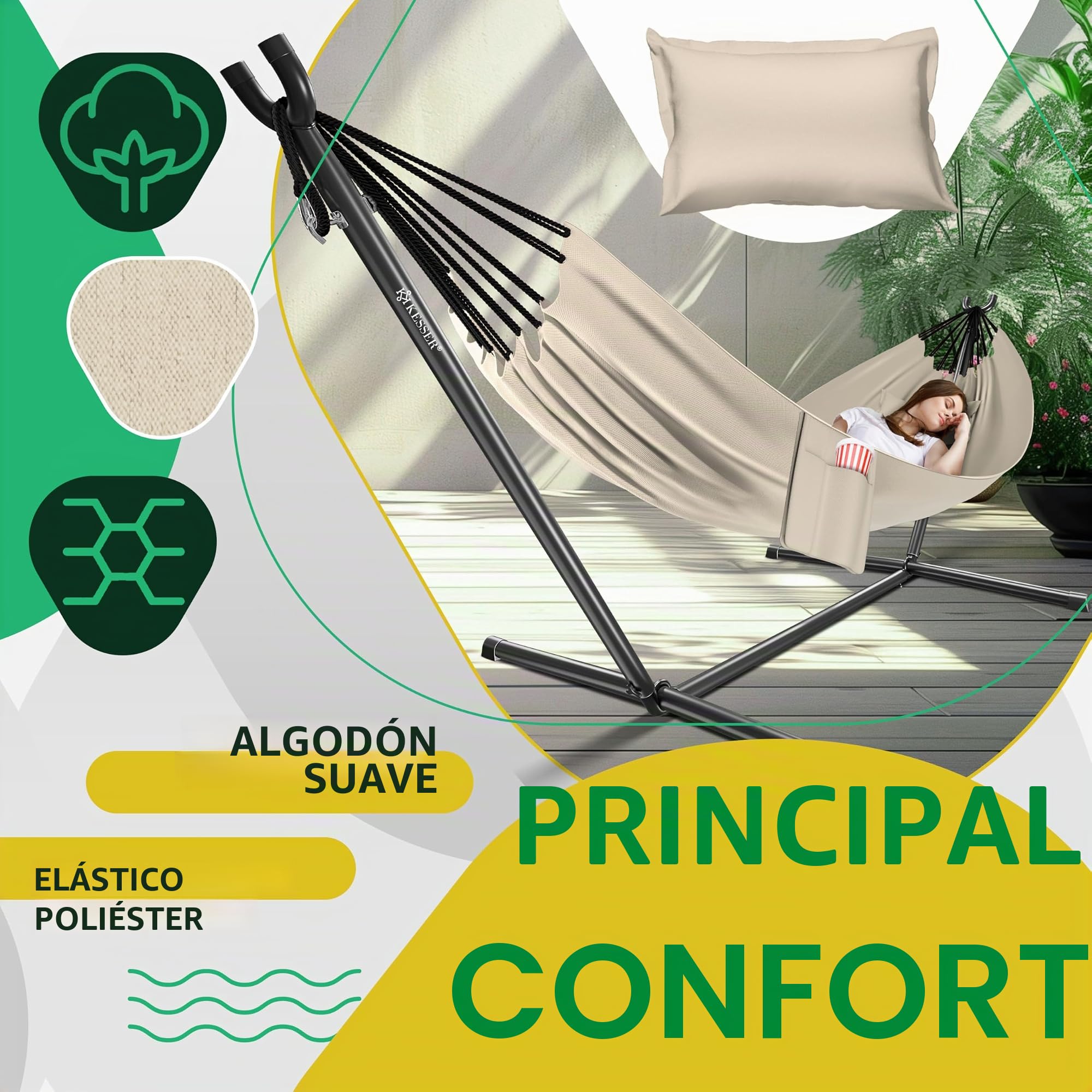 KESSER® Hamaca Lake con Estructura Doble para 2 Personas - Resistente Marco 200kg Capacidad Interior y Exterior XXL Columpio Doble Multijugador Jardín Piscina Balcón Terraza, Beige