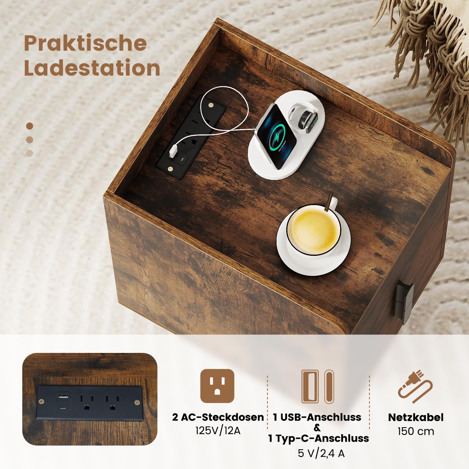 COSTWAY Nachttisch mit Ladestation, schmaler Nachtschrank mit 2 Schubladen, Beistelltisch mit Metallbeinen, Nachtkommode für Schlafzimmer, Wohnzimmer, 40 x 32 x 60 cm (Rustikales Braun)