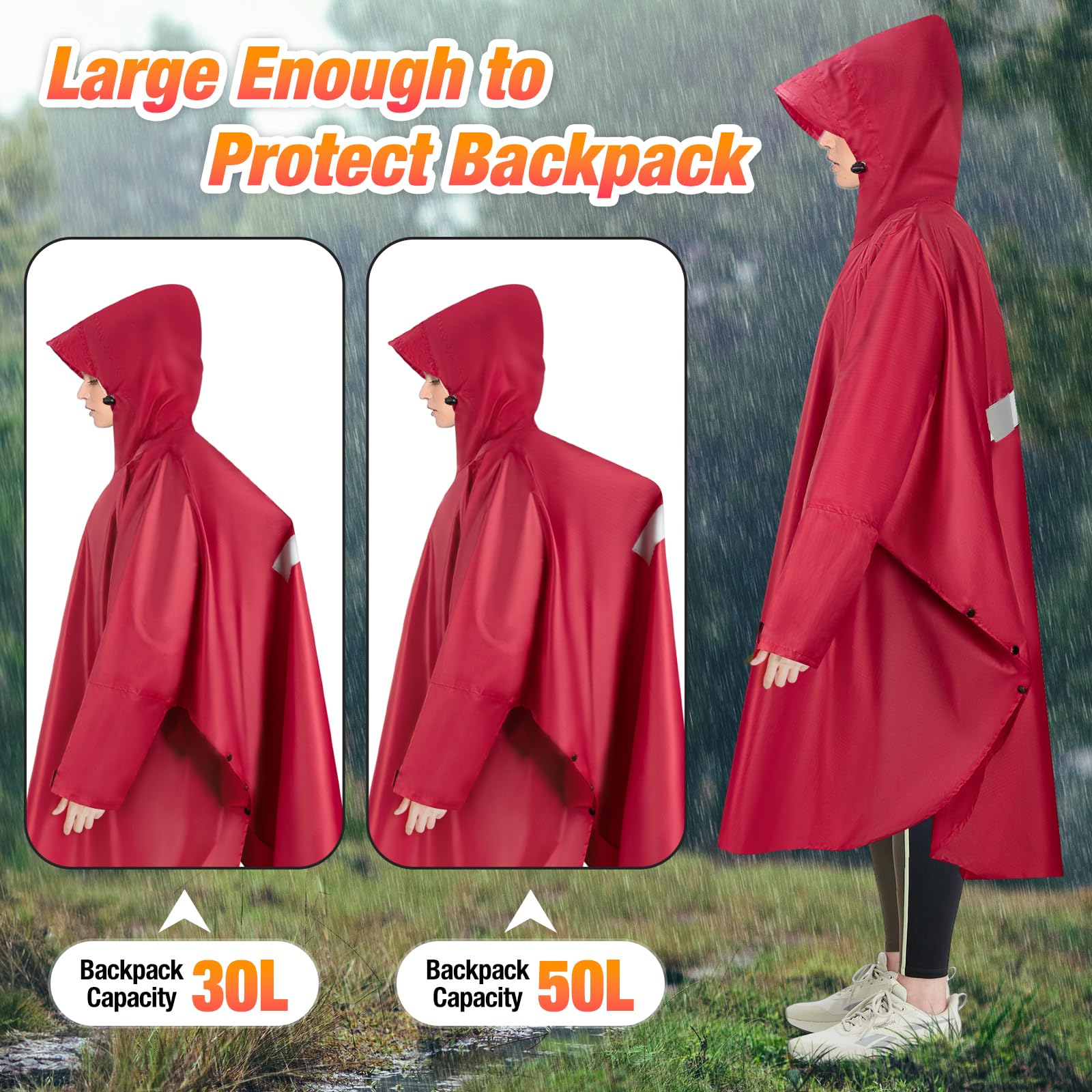 Poncho de pluie imperméable - Fermeture éclair - Capuche et manches - Veste de pluie longue - Randonnée, camping, extérieur